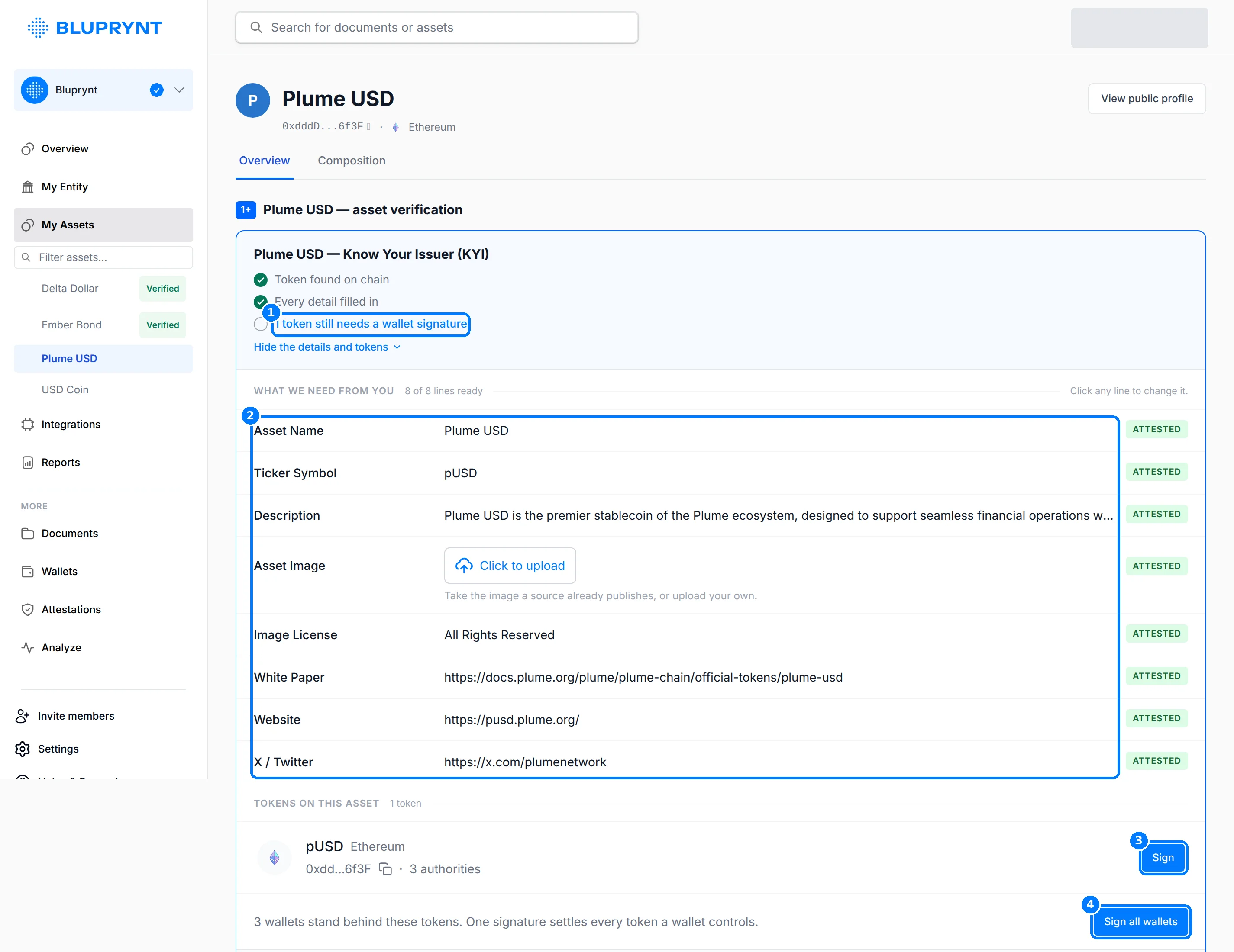 Asset details drawer with callouts on the outstanding-signature banner, the What we need from you fields, a token's Sign button and Sign all wallets.