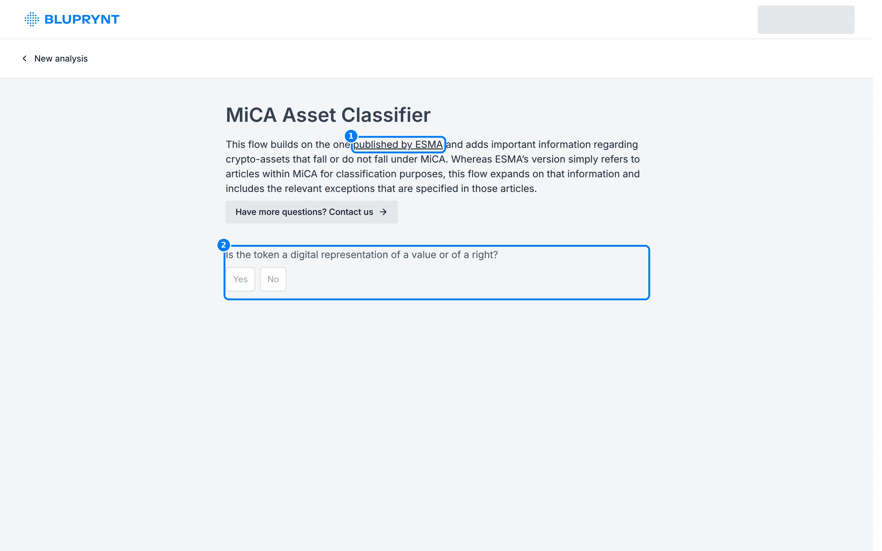 MiCA Asset Classifier with callouts on the published by ESMA link and the first question.