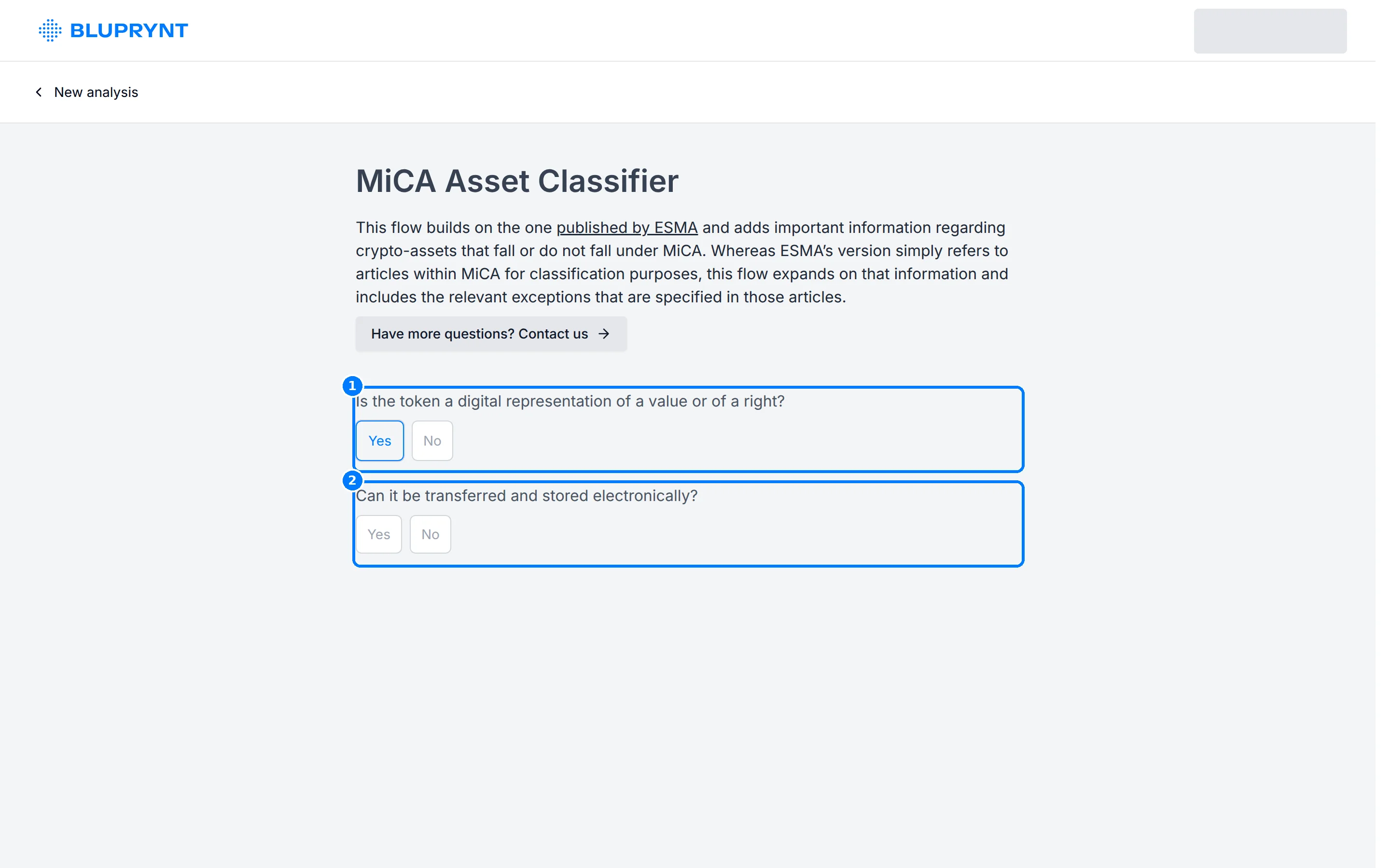 MiCA Asset Classifier with the first question answered Yes and the second question showing.