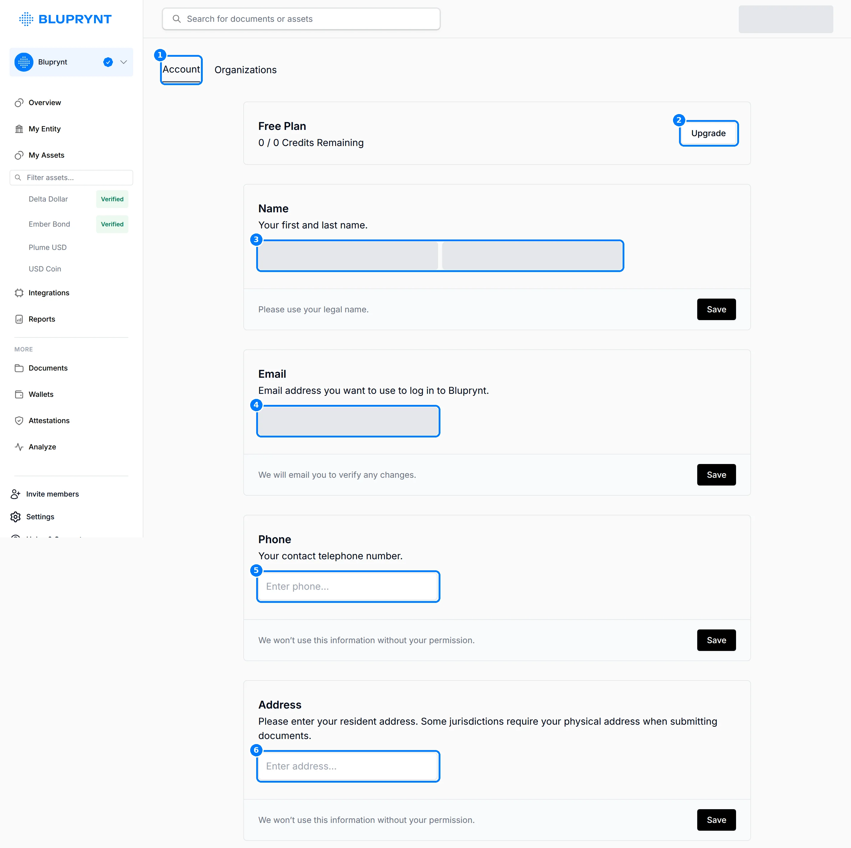 Settings Account tab with callouts on the Account tab, Upgrade, Name, Email, Phone and Address.