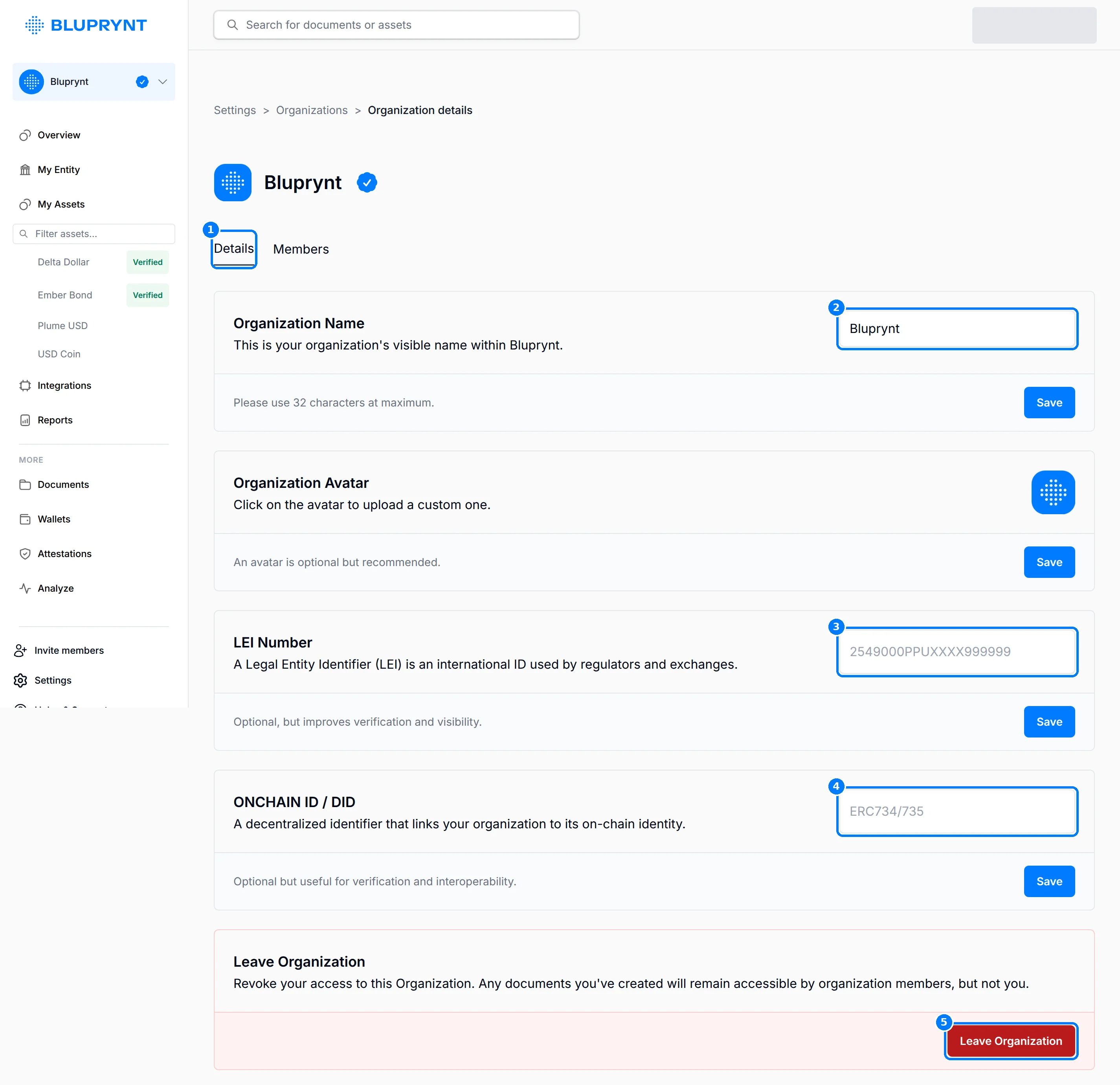 Organization Details tab with callouts on the Details tab, the name, LEI and ONCHAIN ID fields and Leave Organization.