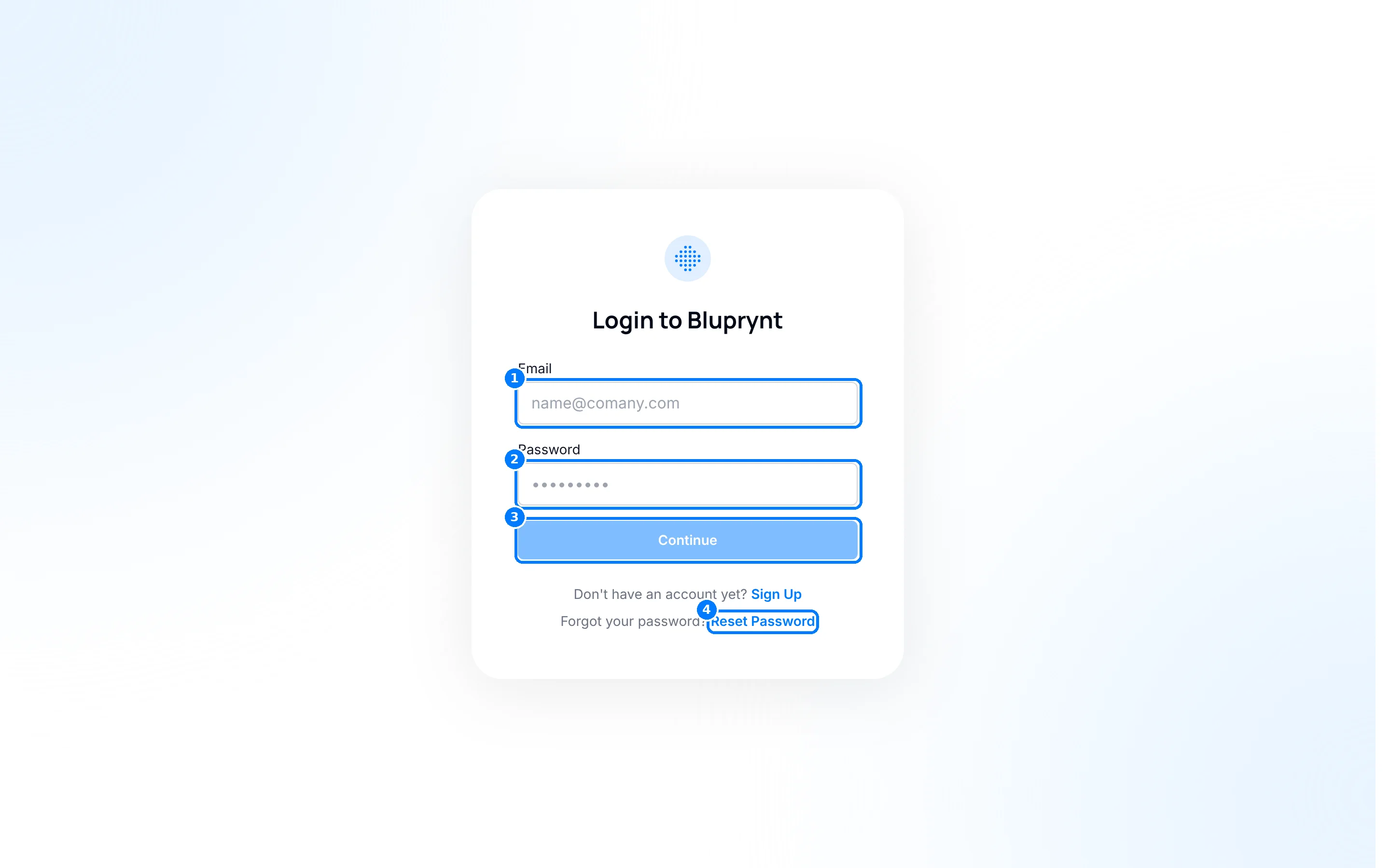 Login to Bluprynt form with numbered callouts on the Email field, Password field, Continue button and Reset Password link.