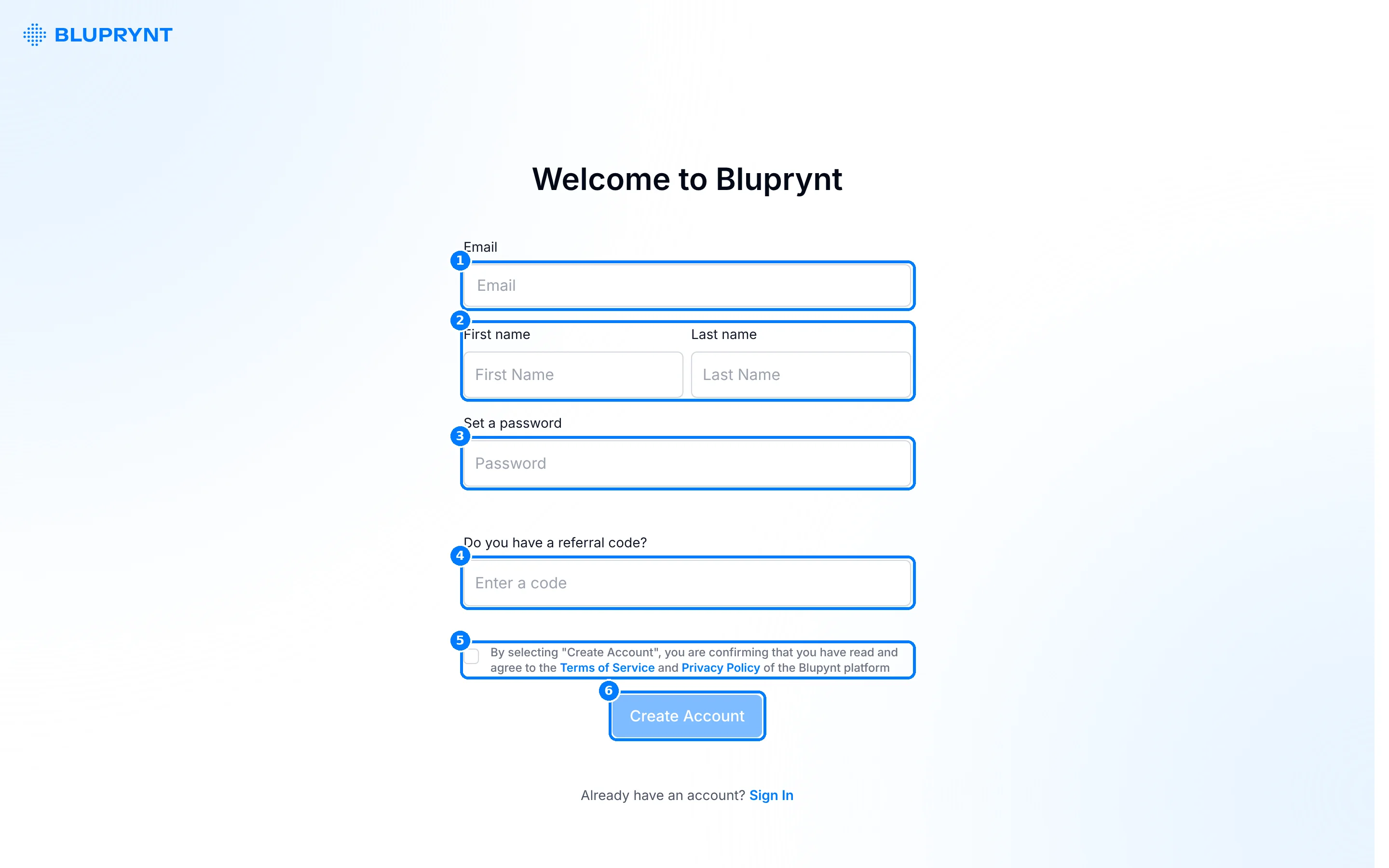 Sign-up form with callouts on Email, First and Last name, Set a password, referral code, the terms checkbox and Create Account.