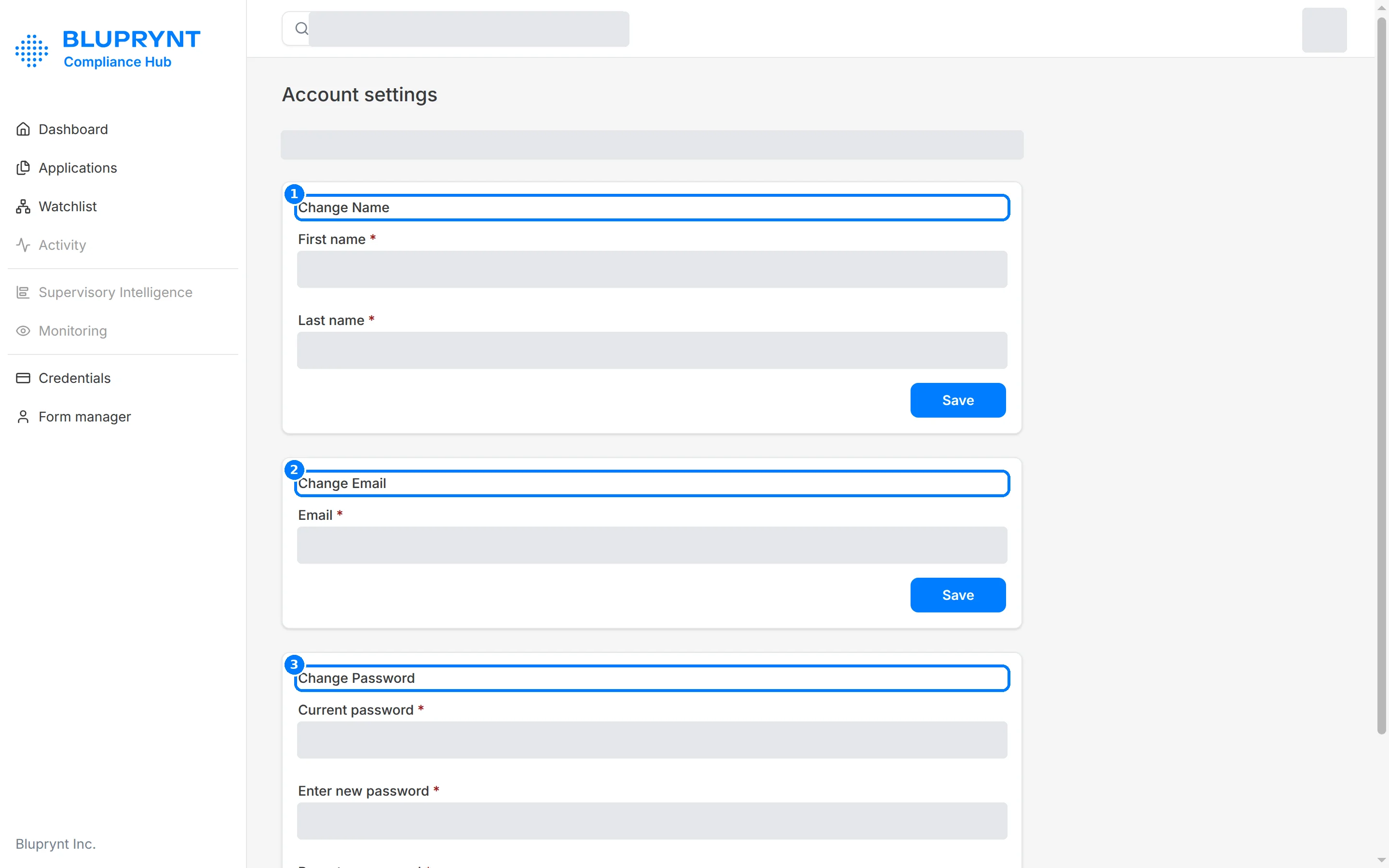 Account settings with Change Name, Change Email and Change Password sections, personal values redacted