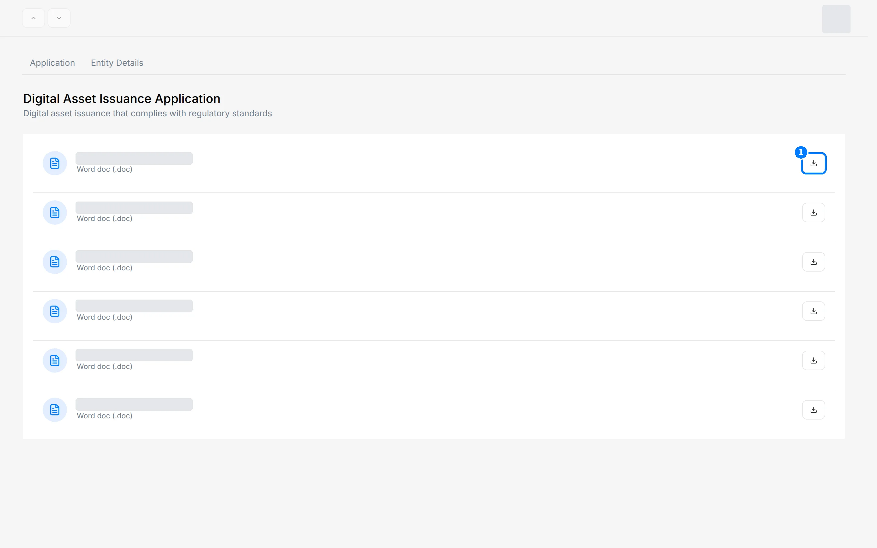 Application showing six Word documents, file names redacted, with a callout on a download button