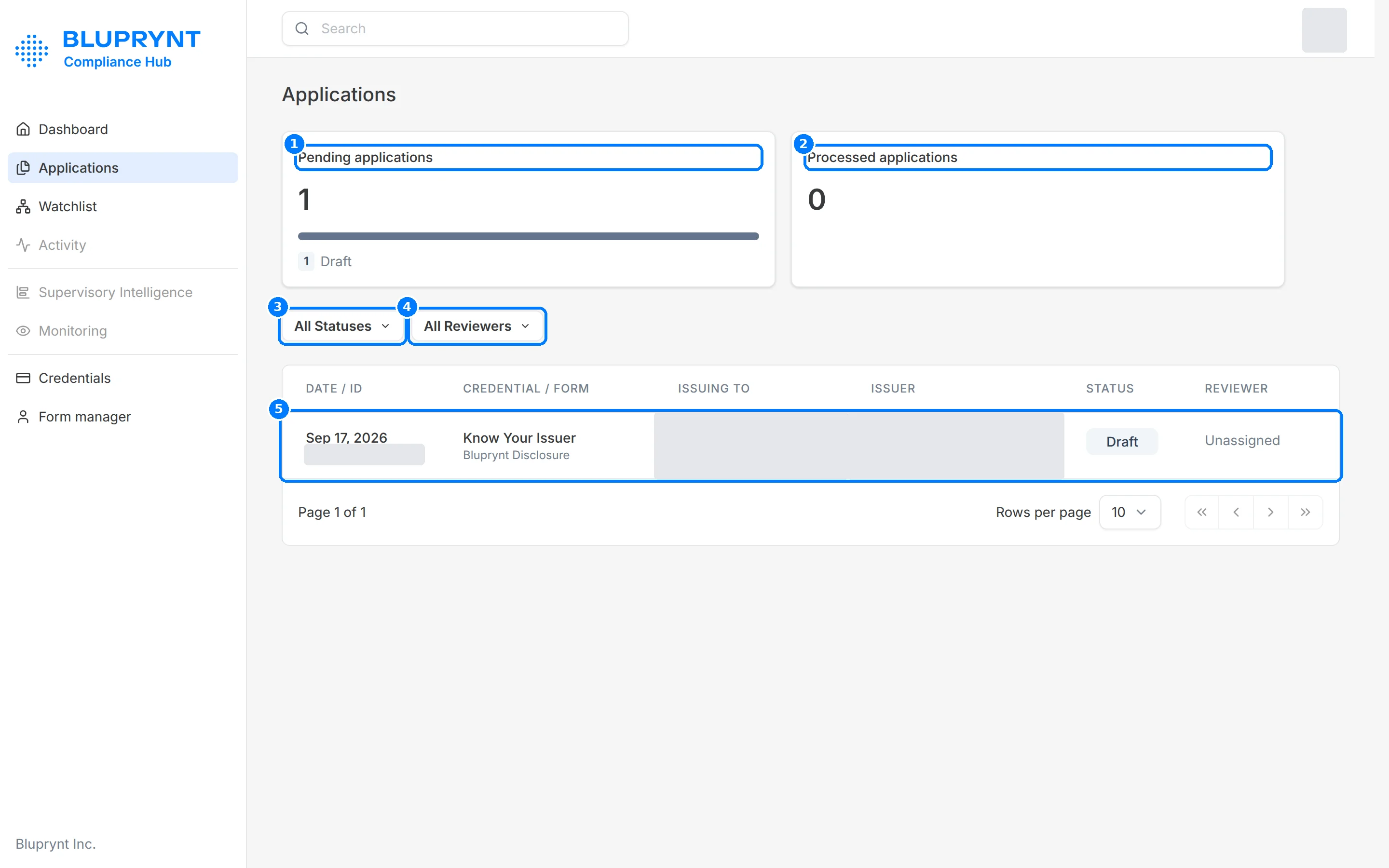 Applications page with callouts on the Pending applications and Processed applications cards, the status and reviewer filters, and an application row