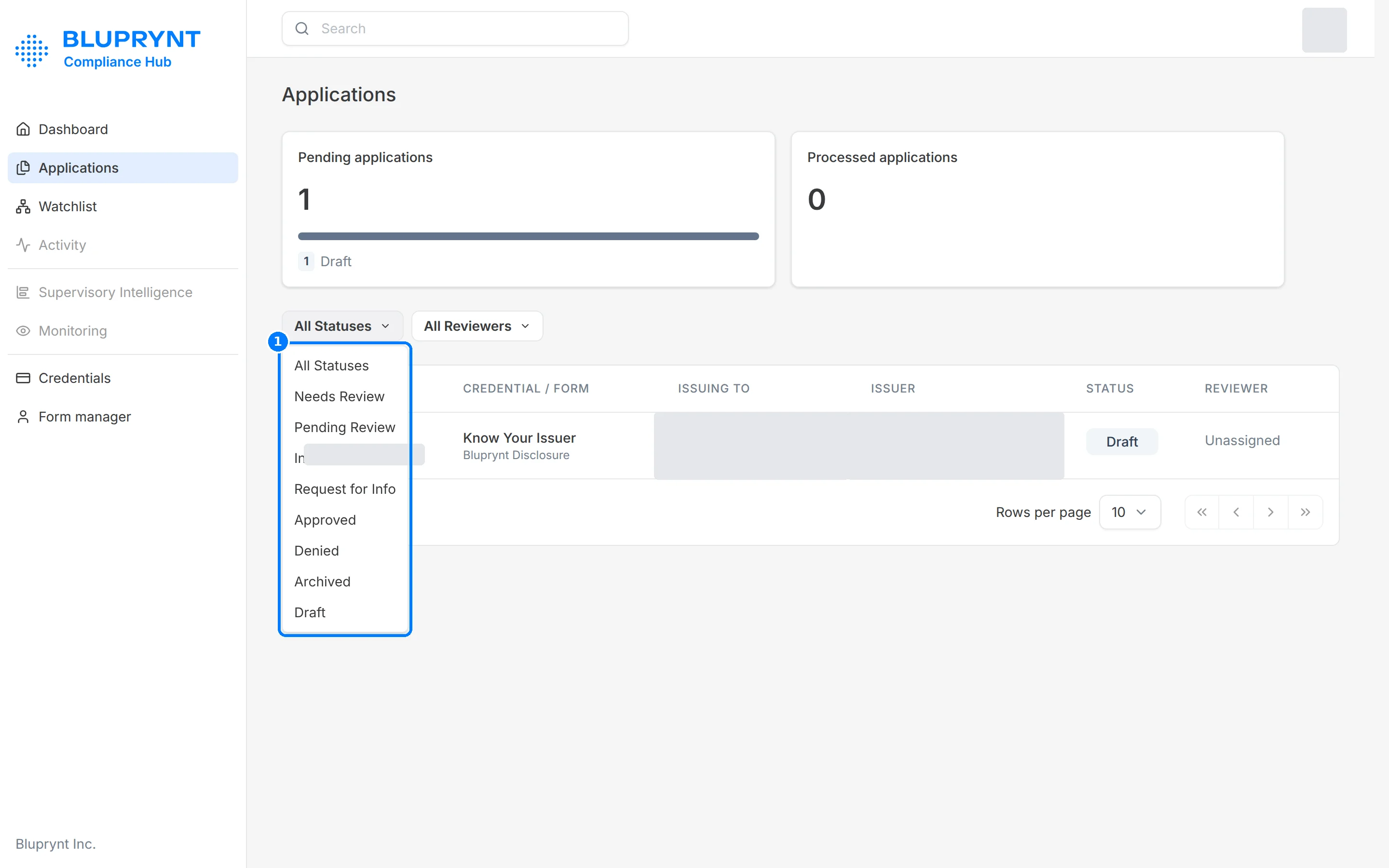 Status filter open, listing All Statuses, Needs Review, Pending Review, In Review, Request for Info, Approved, Denied, Archived and Draft