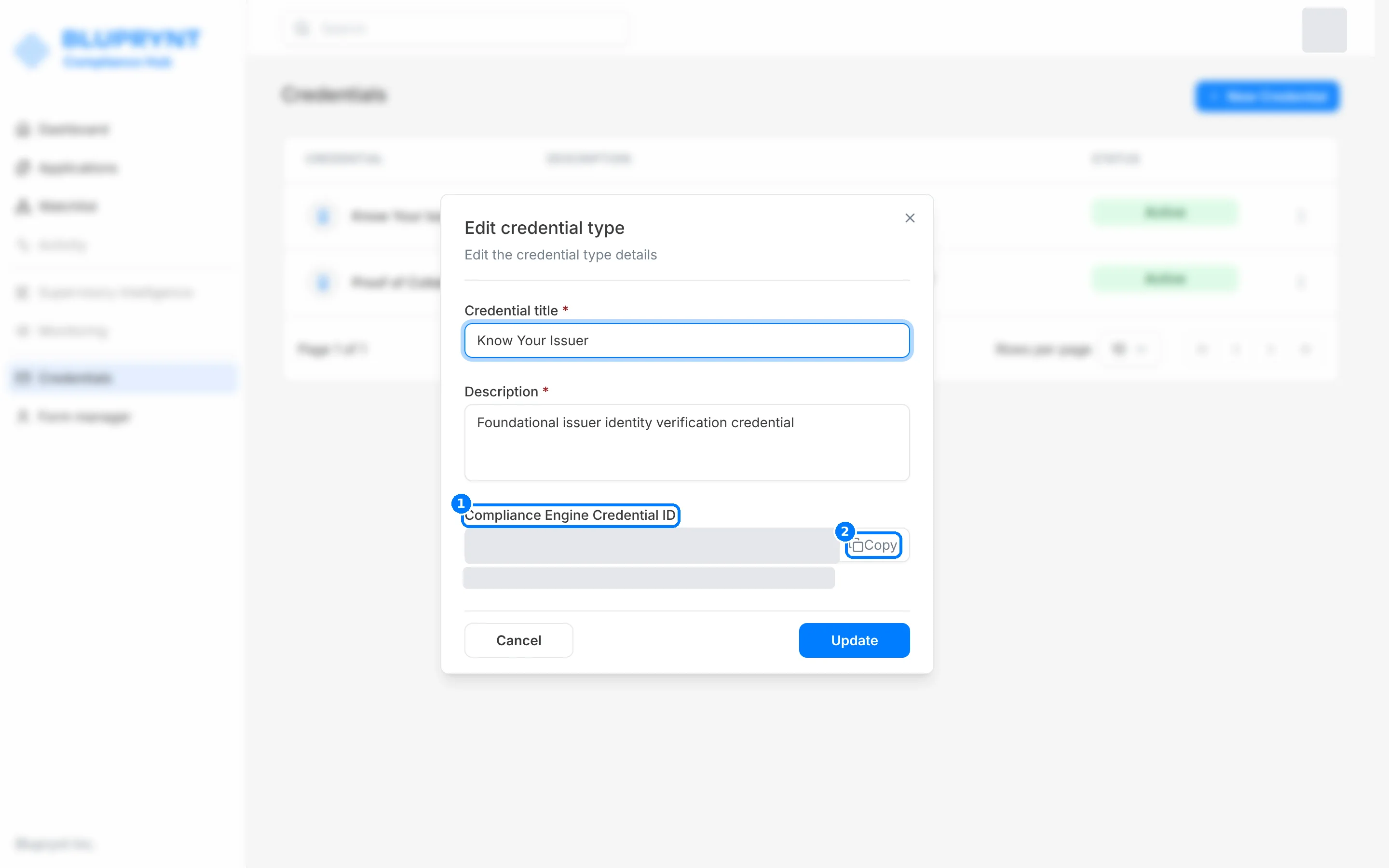 Edit credential type dialog for Know Your Issuer with the registry ID redacted, and callouts on Compliance Engine Credential ID and Copy