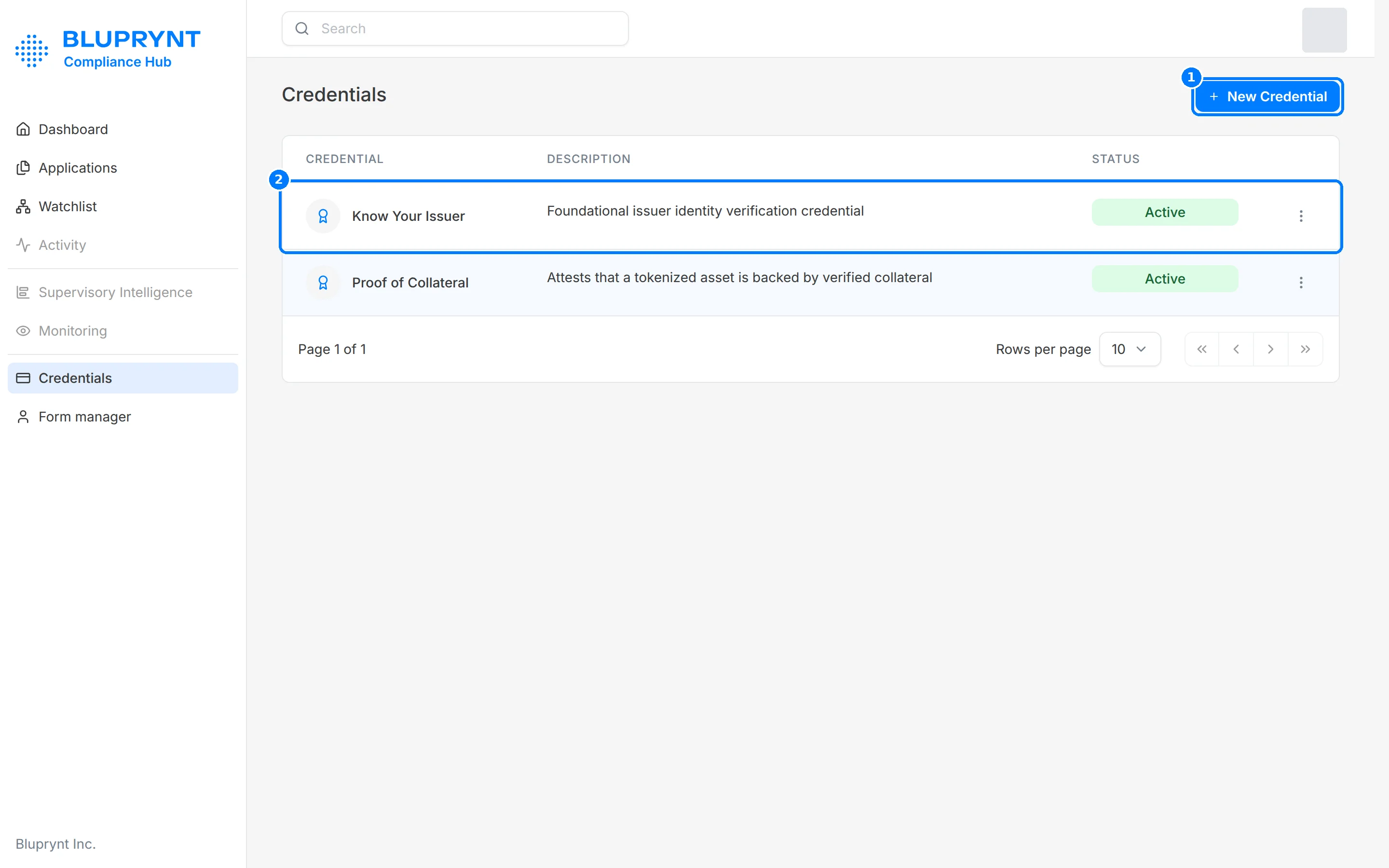 Credentials page listing Know Your Issuer and Proof of Collateral as Active, with callouts on New Credential and the first row