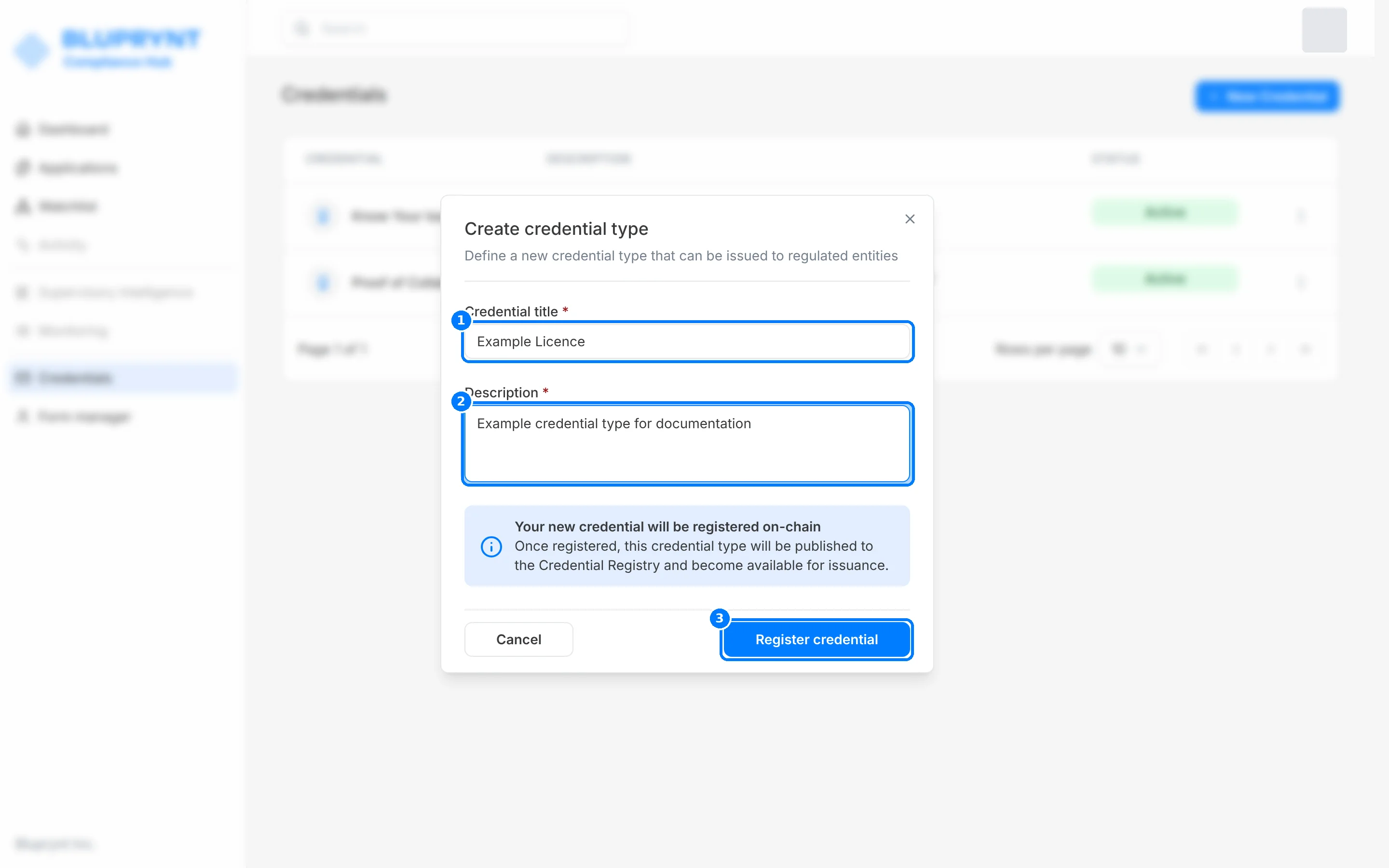 Create credential type dialog filled with an example licence, with callouts on Credential title, Description and Register credential