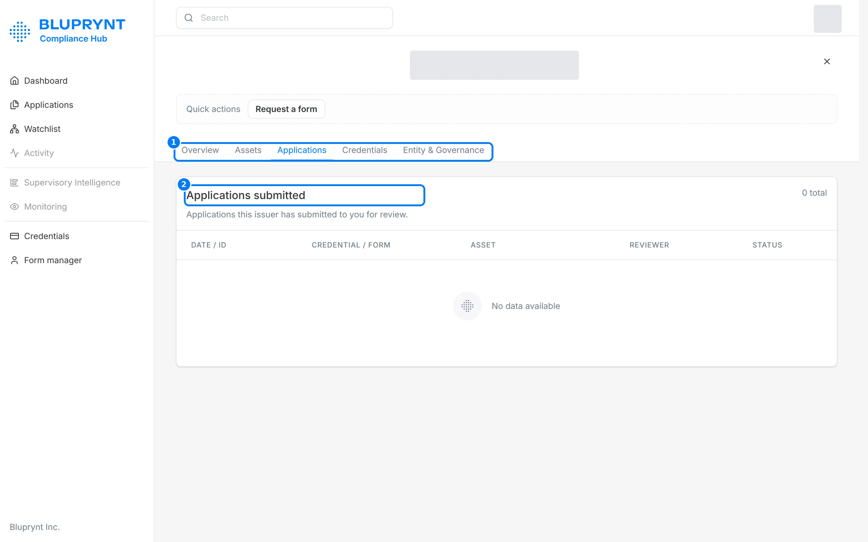 Issuer profile Applications tab with columns Date / ID, Credential / Form, Asset, Reviewer and Status