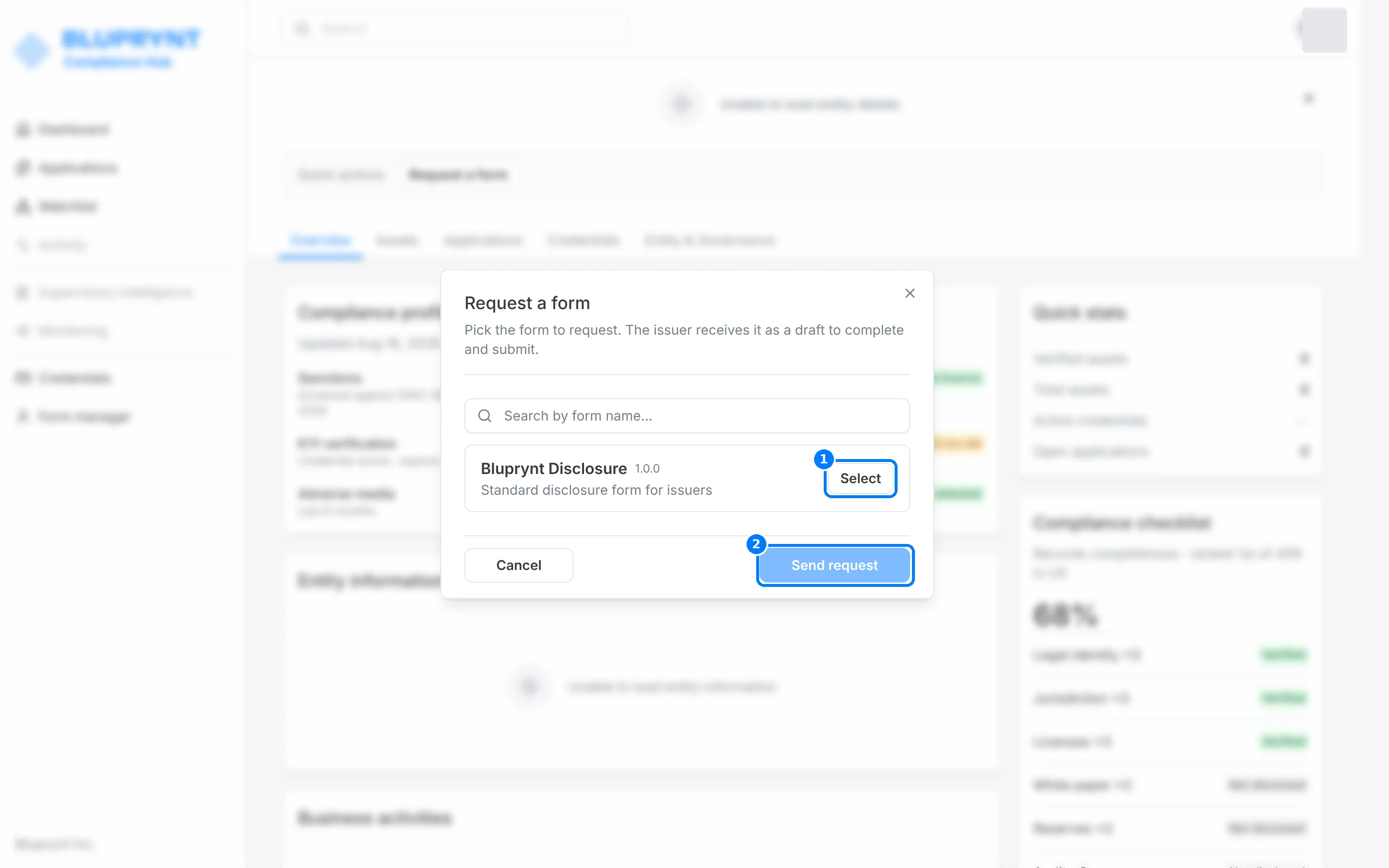 Request a form dialog listing a published form with a version number, with callouts on Select and Send request