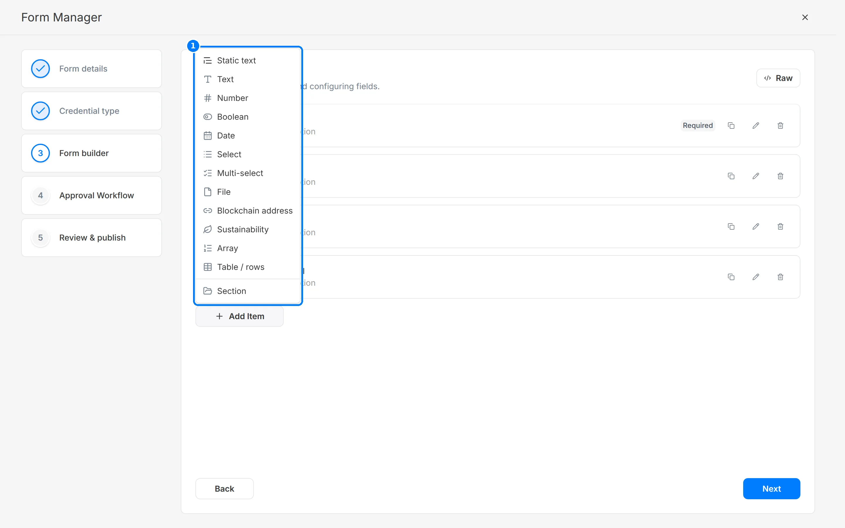 Add Item menu listing Static text, Text, Number, Boolean, Date, Select, Multi-select, File, Blockchain address, Sustainability, Array, Table / rows and Section