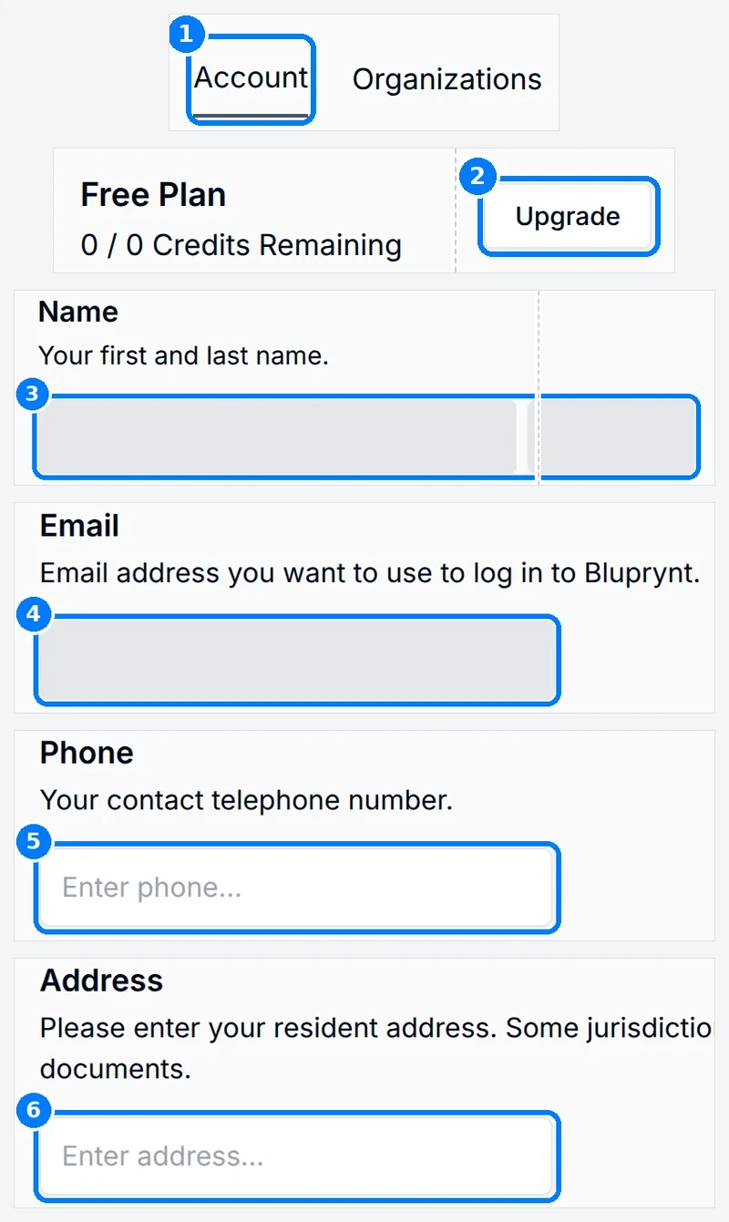 Phone-sized close-up of the numbered callouts. Settings Account tab with callouts on the Account tab, Upgrade, Name, Email, Phone and Address.