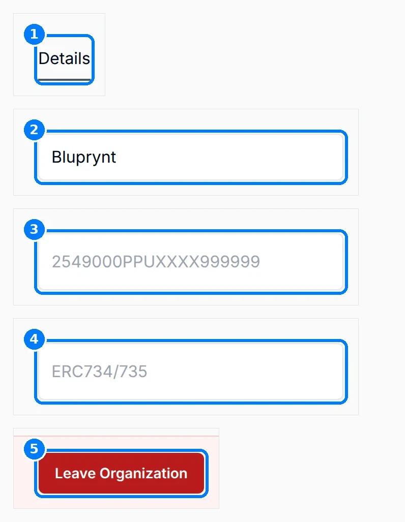 Phone-sized close-up of the numbered callouts. Organization Details tab with callouts on the Details tab, the name, LEI and ONCHAIN ID fields and Leave Organization.
