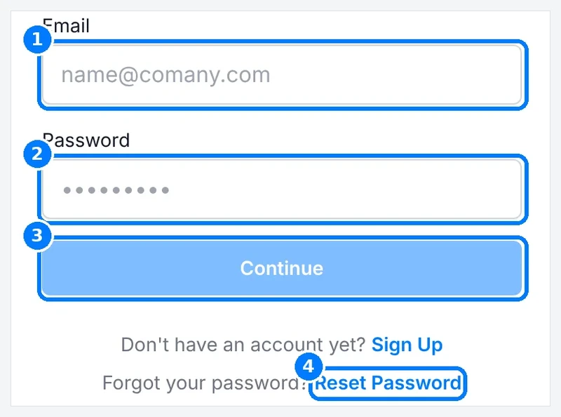 Phone-sized close-up of the numbered callouts. Login to Bluprynt form with numbered callouts on the Email field, Password field, Continue button and Reset Password link.