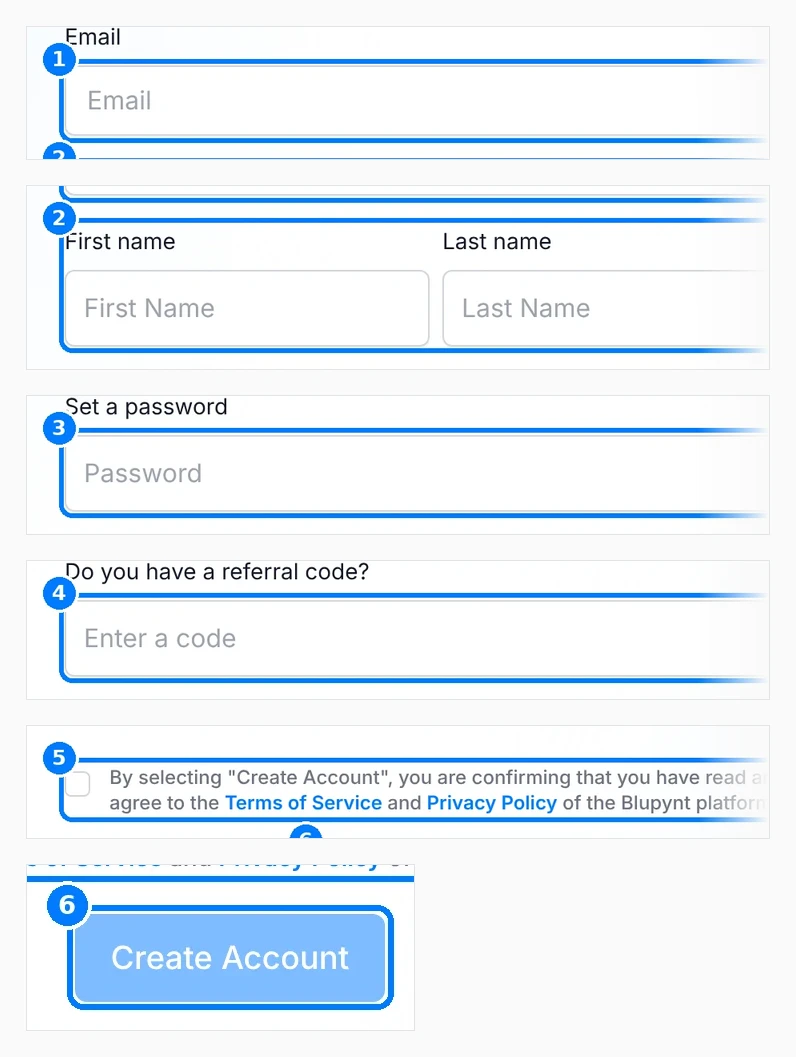 Phone-sized close-up of the numbered callouts. Sign-up form with callouts on Email, First and Last name, Set a password, referral code, the terms checkbox and Create Account.