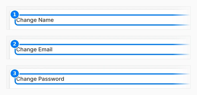 Phone-sized close-up of the numbered callouts. Account settings with Change Name, Change Email and Change Password sections, personal values redacted