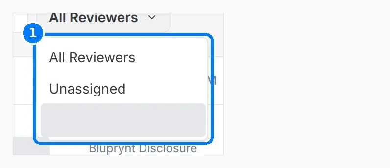 Phone-sized close-up of the numbered callouts. Reviewer filter open, listing All Reviewers, Unassigned and a member name, which is redacted