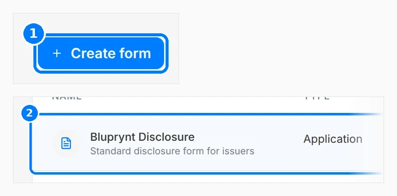 Phone-sized close-up of the numbered callouts. Form manager list with two published forms and callouts on Create form and the first form row