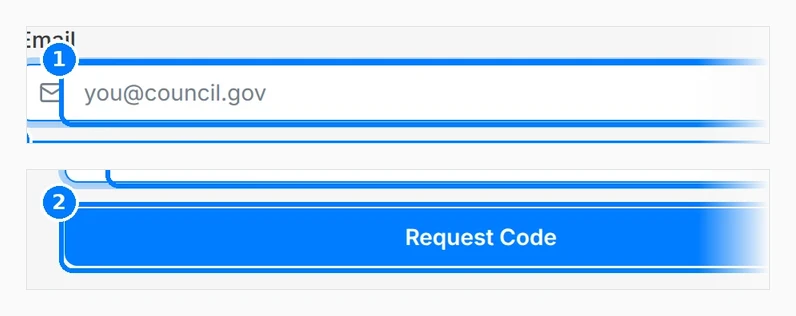 Phone-sized close-up of the numbered callouts. Restore Password page with callouts on the Email field and the Request Code button