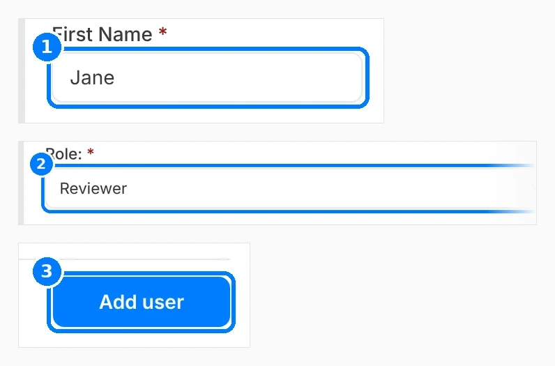Phone-sized close-up of the numbered callouts. Invite User dialog filled with example values Jane Doe, jane.doe@example.com and Reviewer, with callouts on First Name, Role and Add user