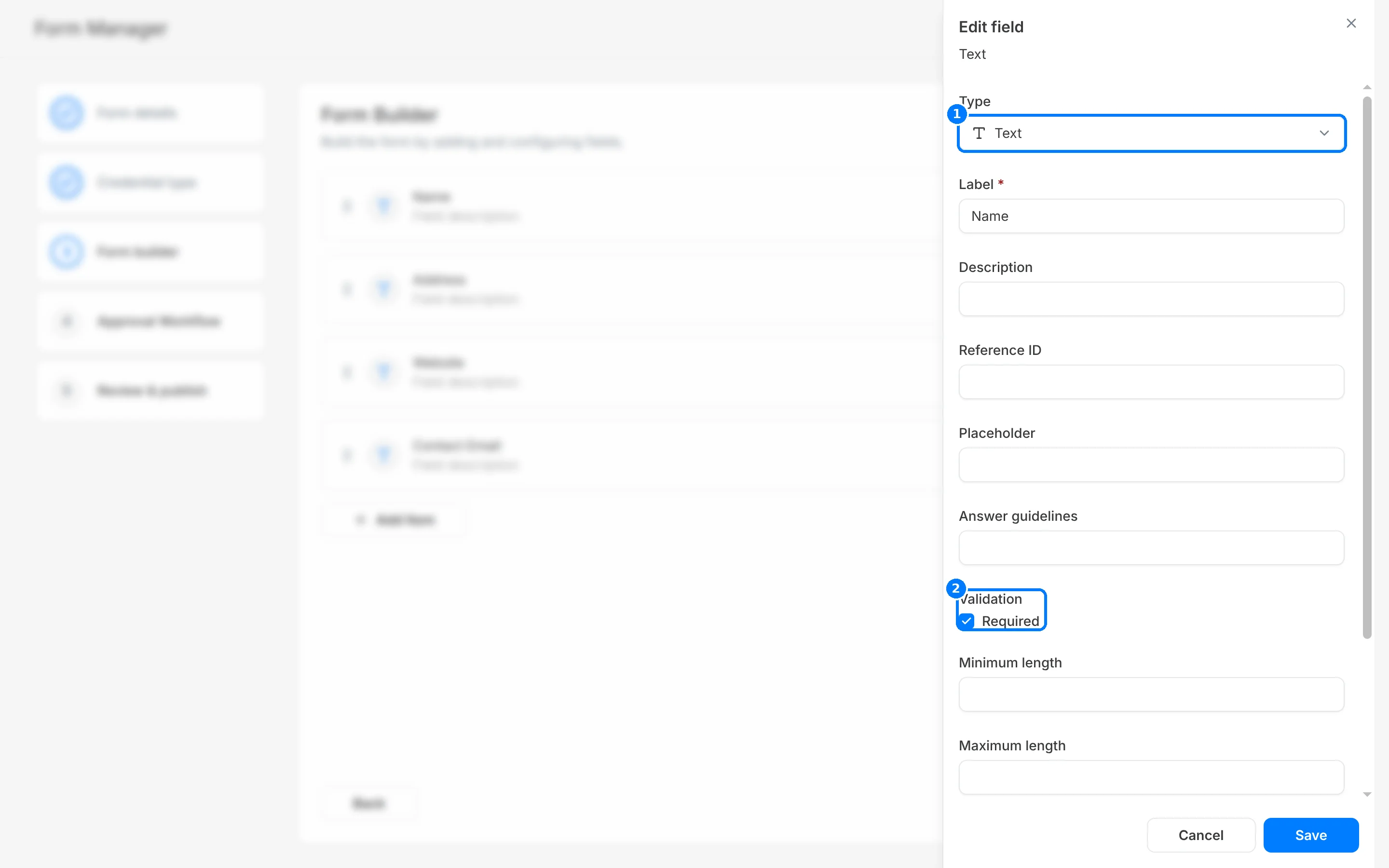Edit field panel for a Text field labelled Name, with callouts on Type and the Required validation checkbox