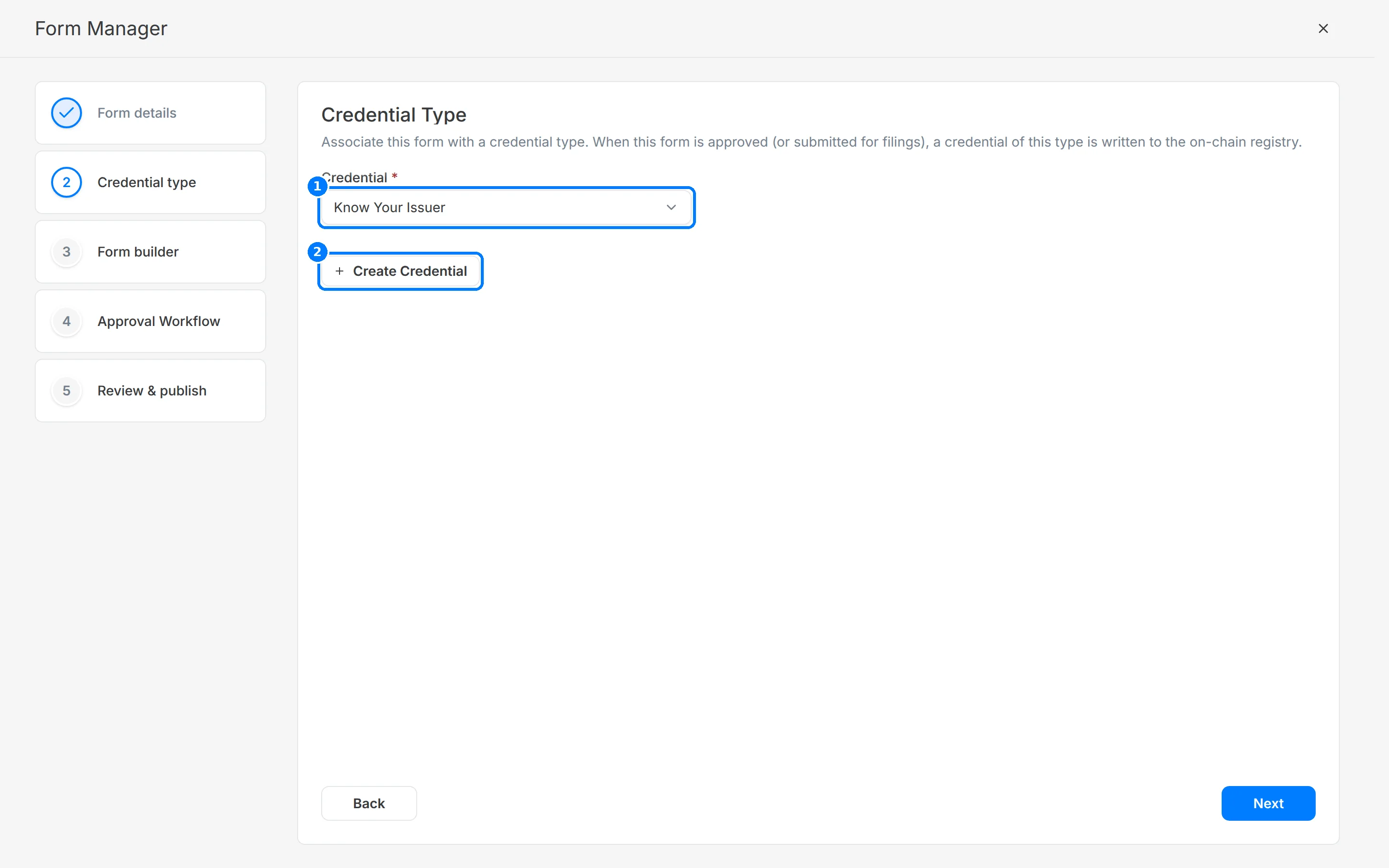 Credential Type step with Know Your Issuer selected and callouts on the Credential picker and Create Credential