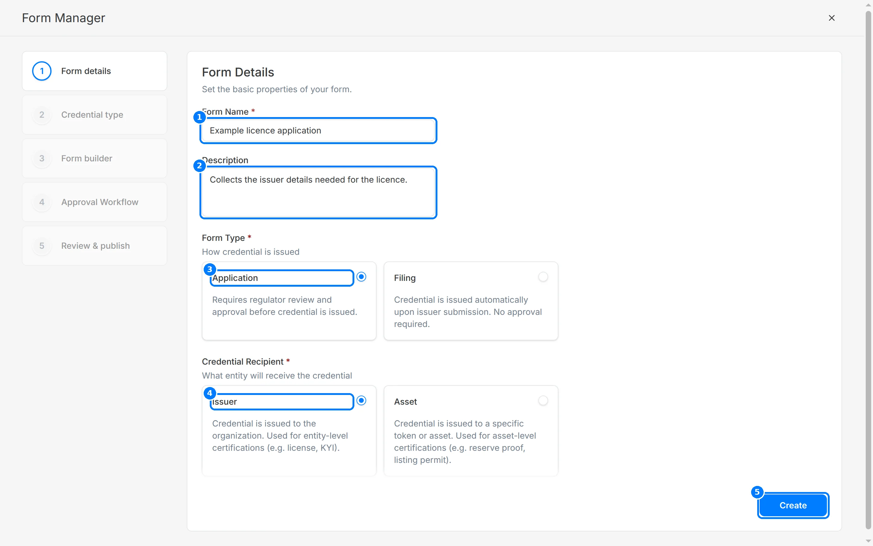 Form Details step filled with an example licence application, with callouts on Form Name, Description, Application type, Issuer recipient and Create