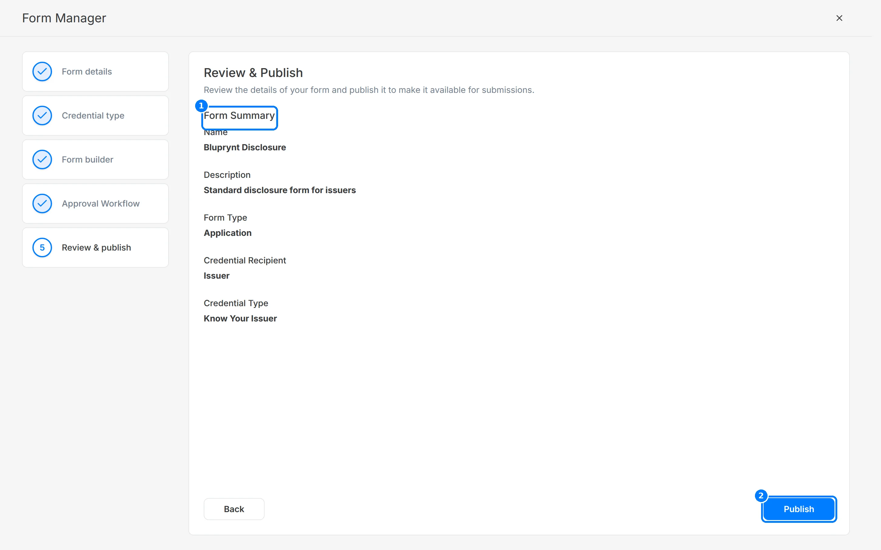 Review and Publish step showing the form summary, with callouts on Form Summary and Publish