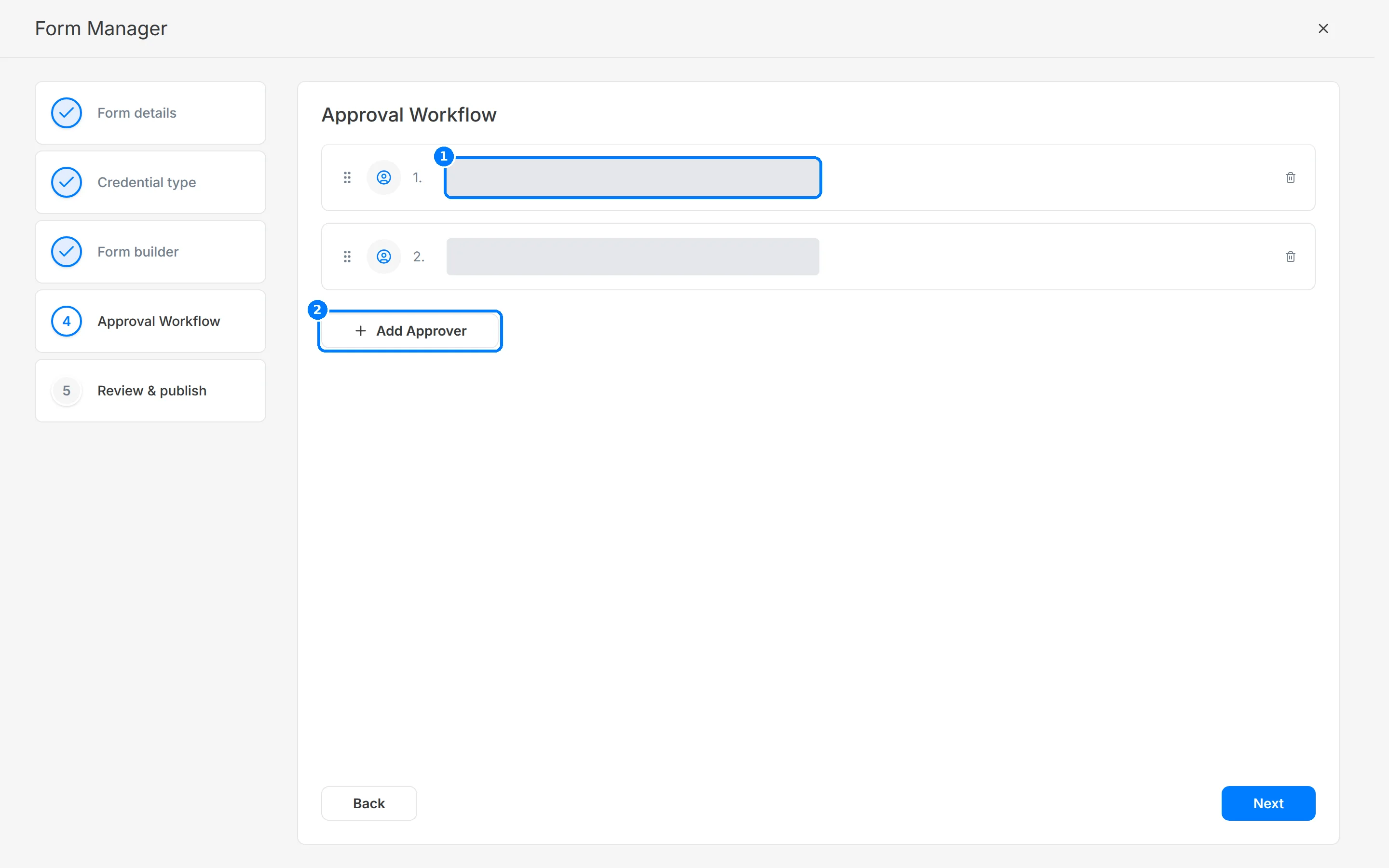 Approval Workflow step with two approvers, names redacted, and callouts on the first approver and Add Approver