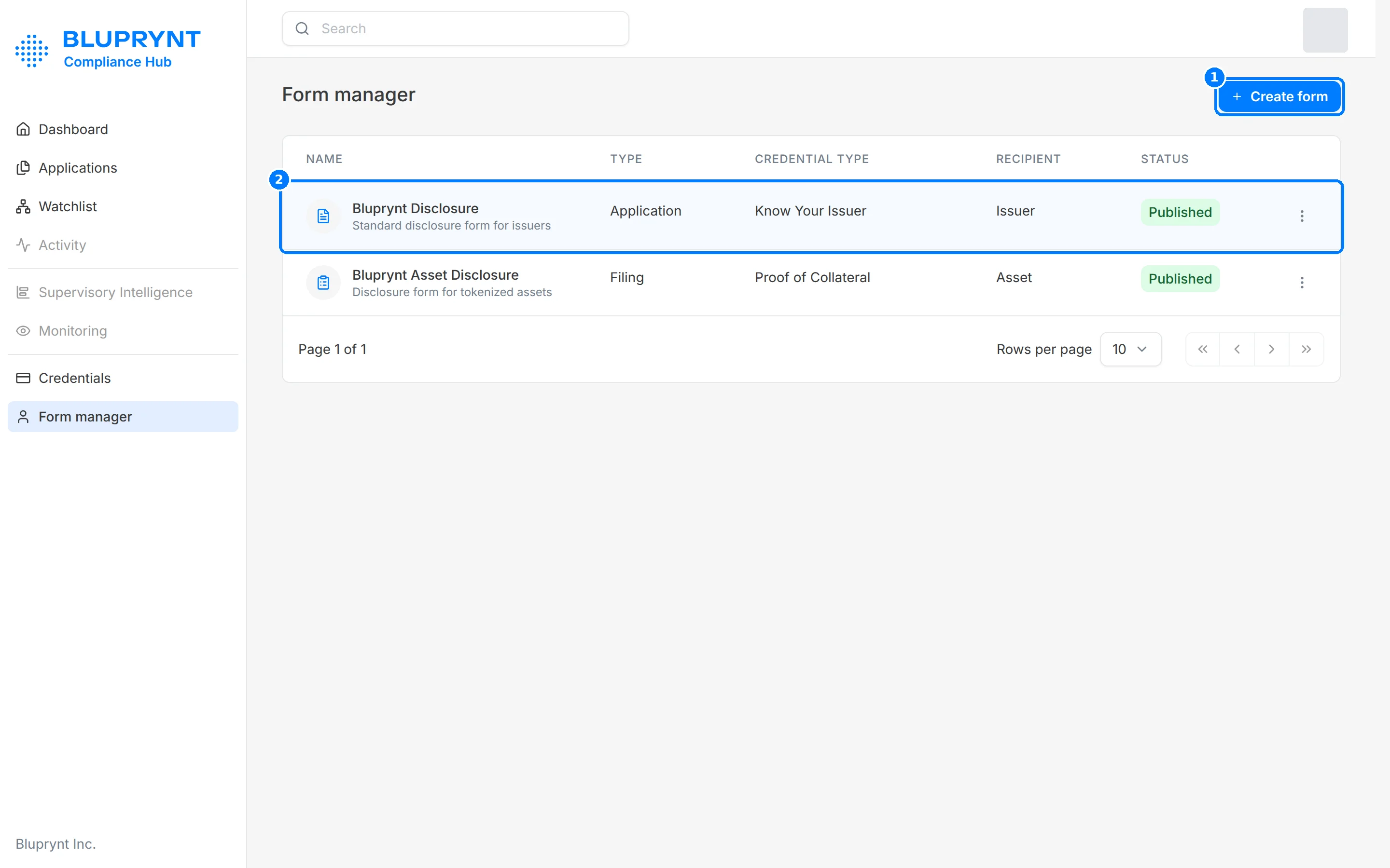 Form manager list with two published forms and callouts on Create form and the first form row