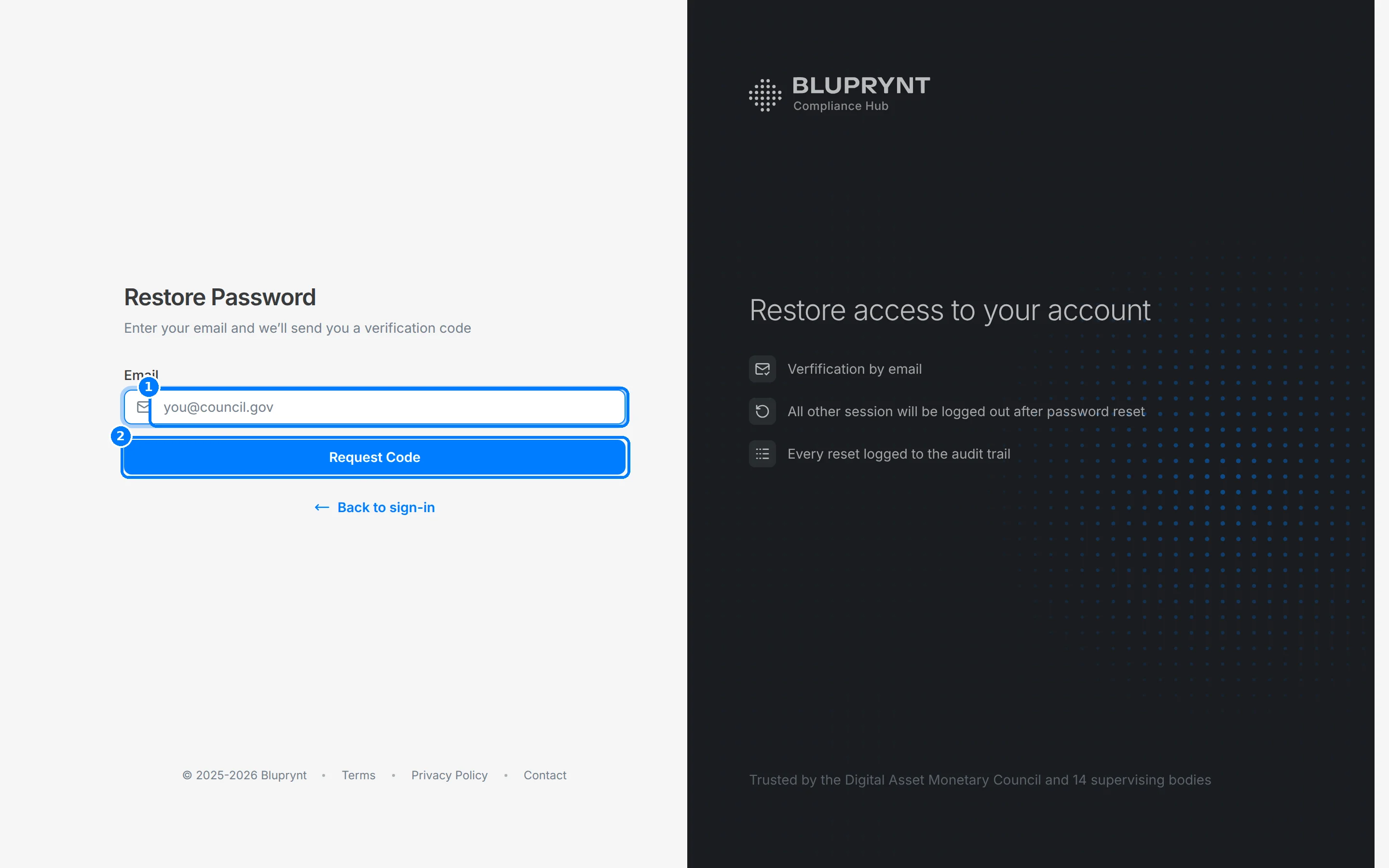 Restore Password page with callouts on the Email field and the Request Code button
