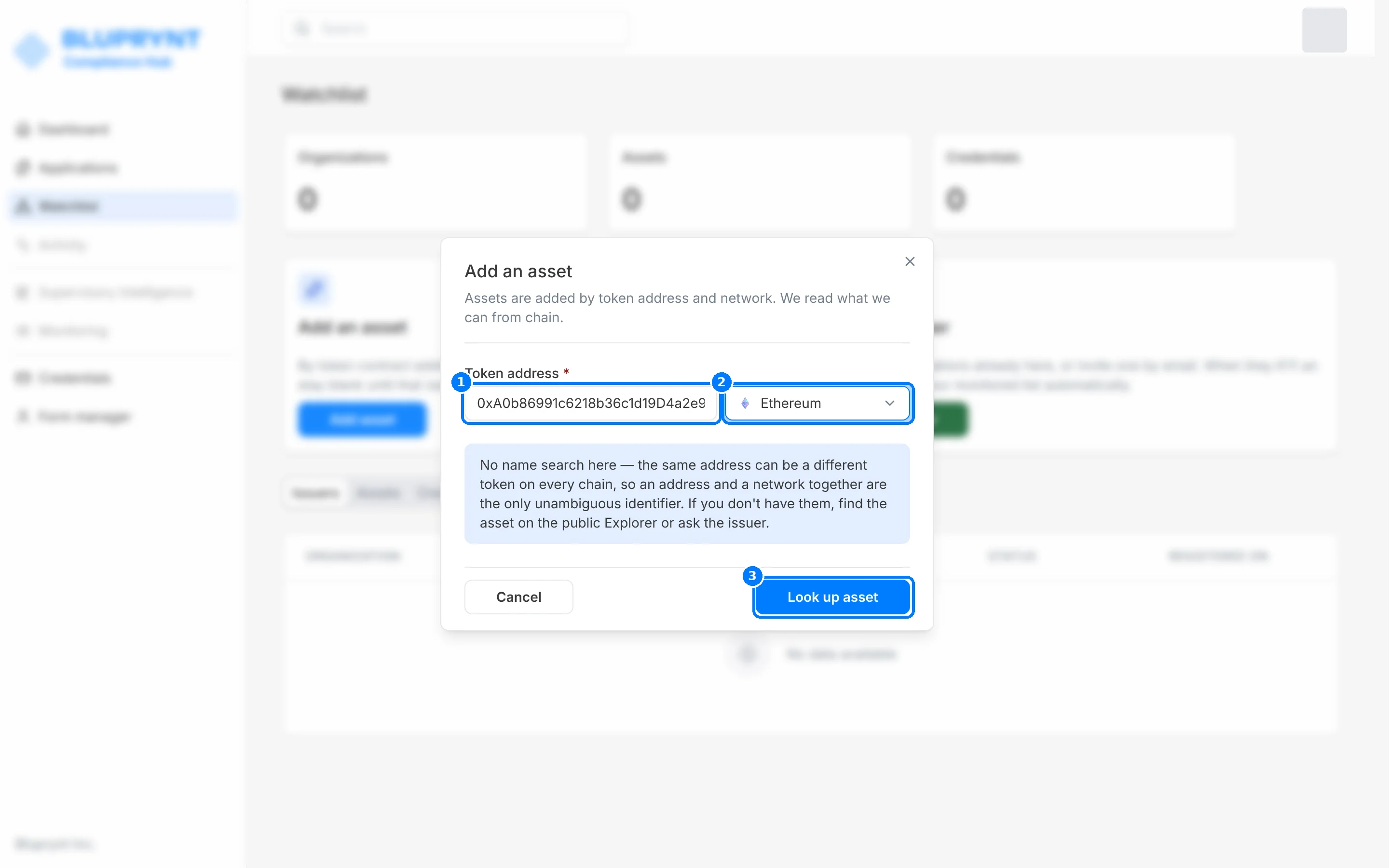 Add an asset dialog with the USDC contract address entered and Ethereum selected, with callouts on Token address, network and Look up asset