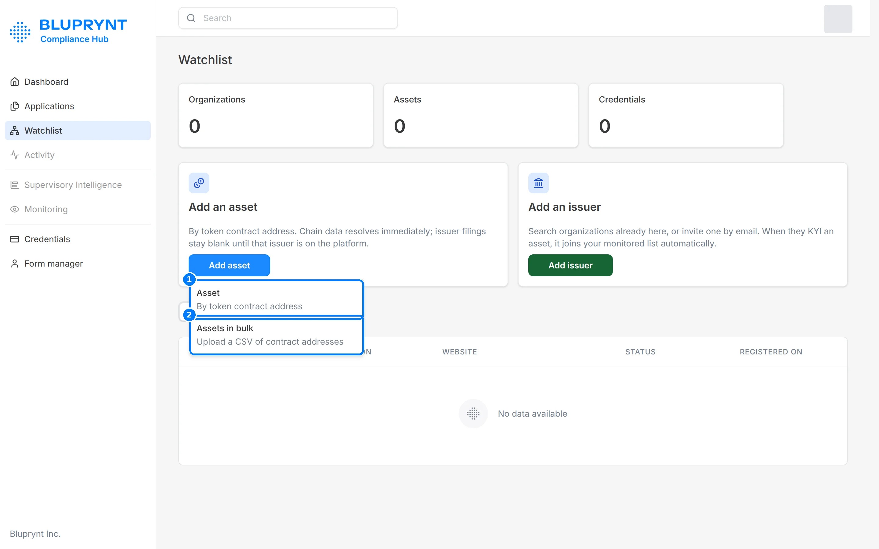 Add asset menu with Asset, by token contract address, and Assets in bulk, upload a CSV of contract addresses