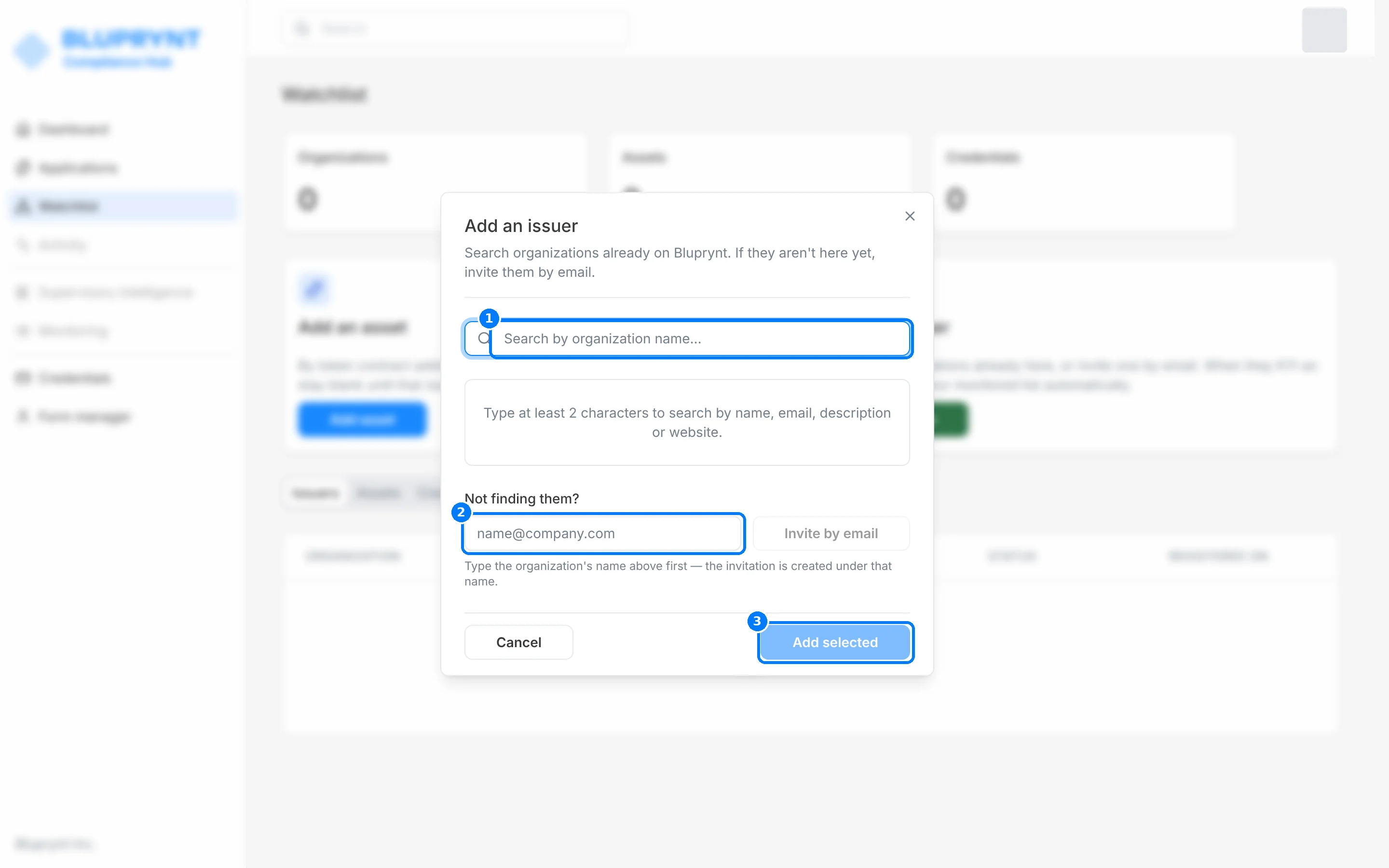 Add an issuer dialog with callouts on the organization search box, the invitation email field and Add selected