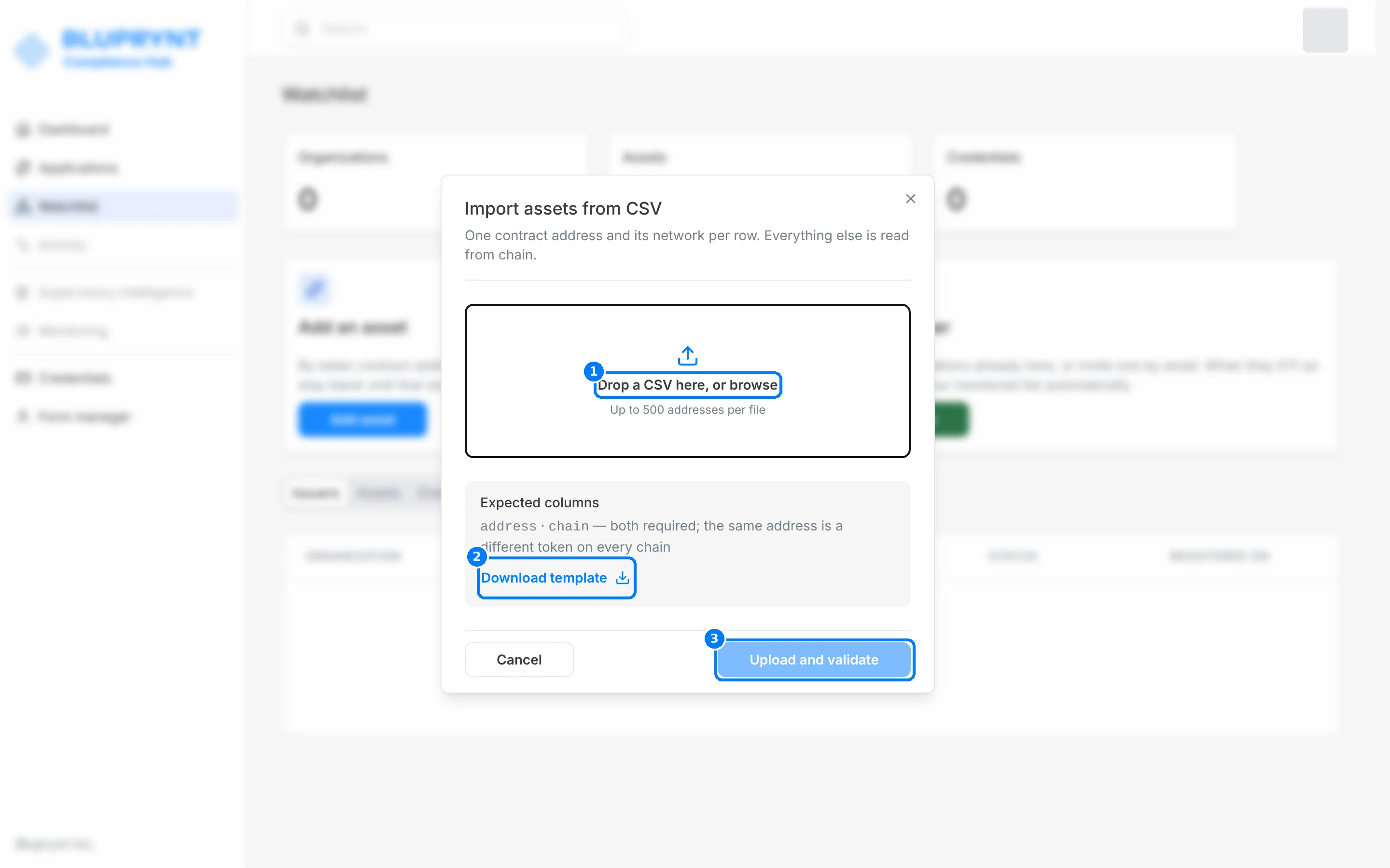 Import assets from CSV dialog with callouts on the drop zone, Download template and Upload and validate