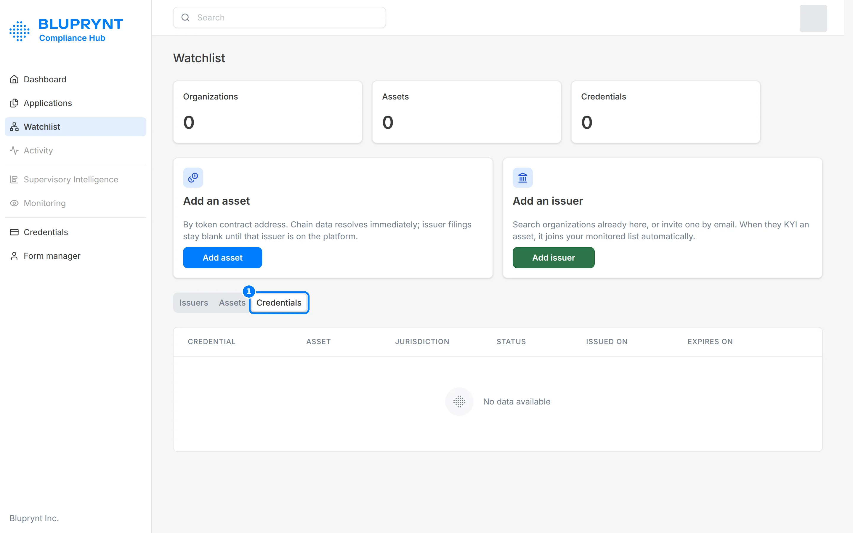 Watchlist Credentials tab with columns Credential, Asset, Jurisdiction, Status, Issued On and Expires On, and a callout on the tab