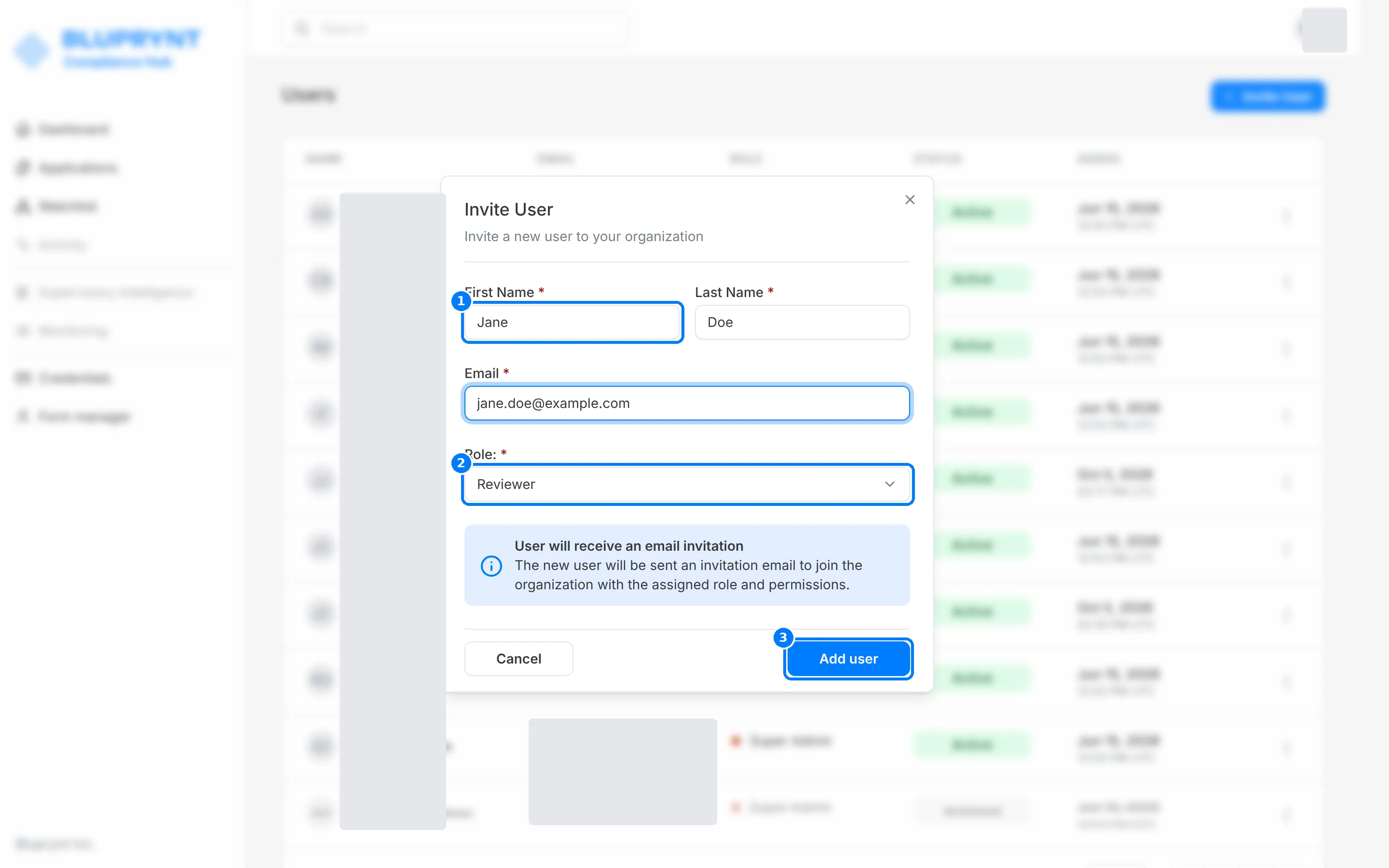 Invite User dialog filled with example values Jane Doe, jane.doe@example.com and Reviewer, with callouts on First Name, Role and Add user
