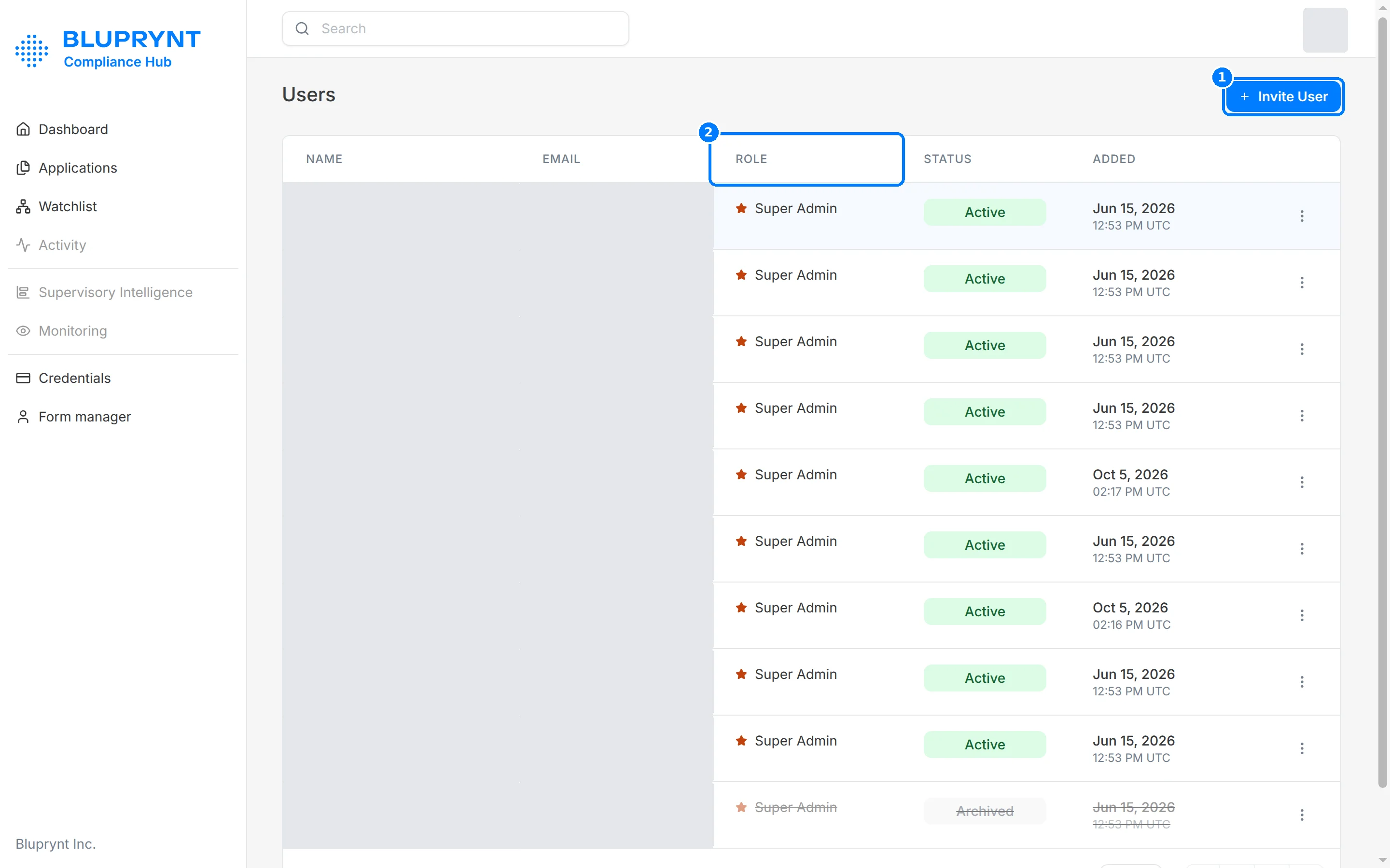 Users page with names and emails redacted, roles and statuses visible, and callouts on Invite User and the Role column