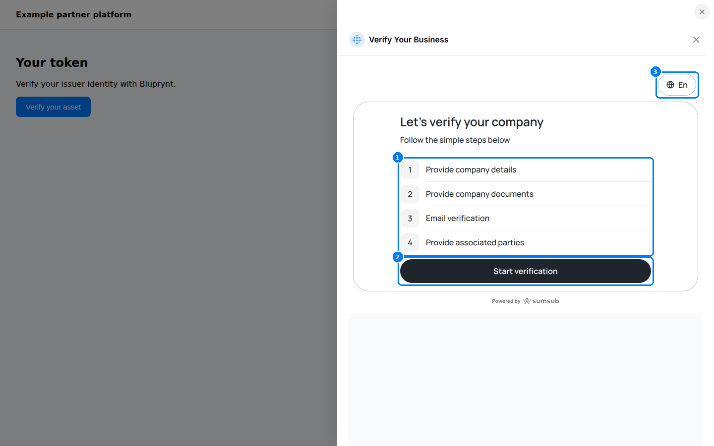 Verify Your Business screen listing four KYB steps and a Start verification button.
