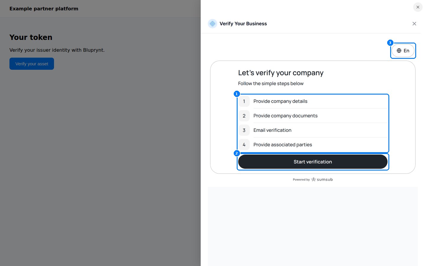 Verify Your Business screen listing four KYB steps and a Start verification button.