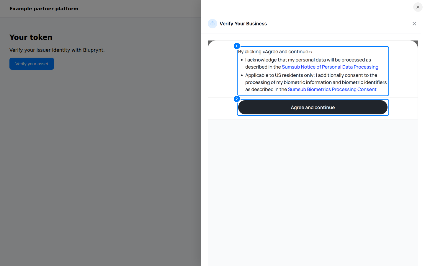 Sumsub consent screen with an Agree and continue button.