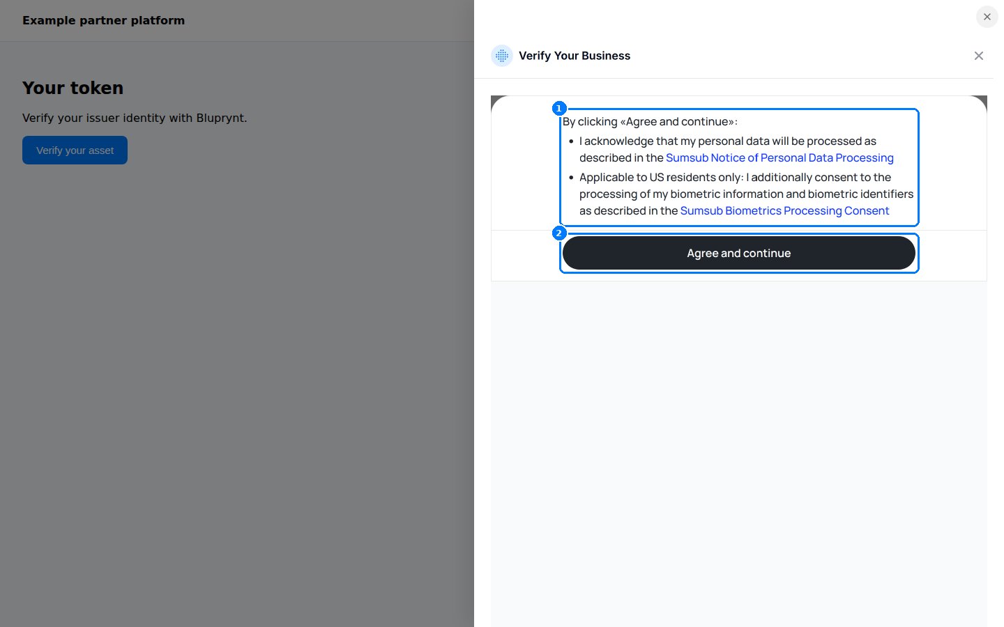 Sumsub consent screen with an Agree and continue button.