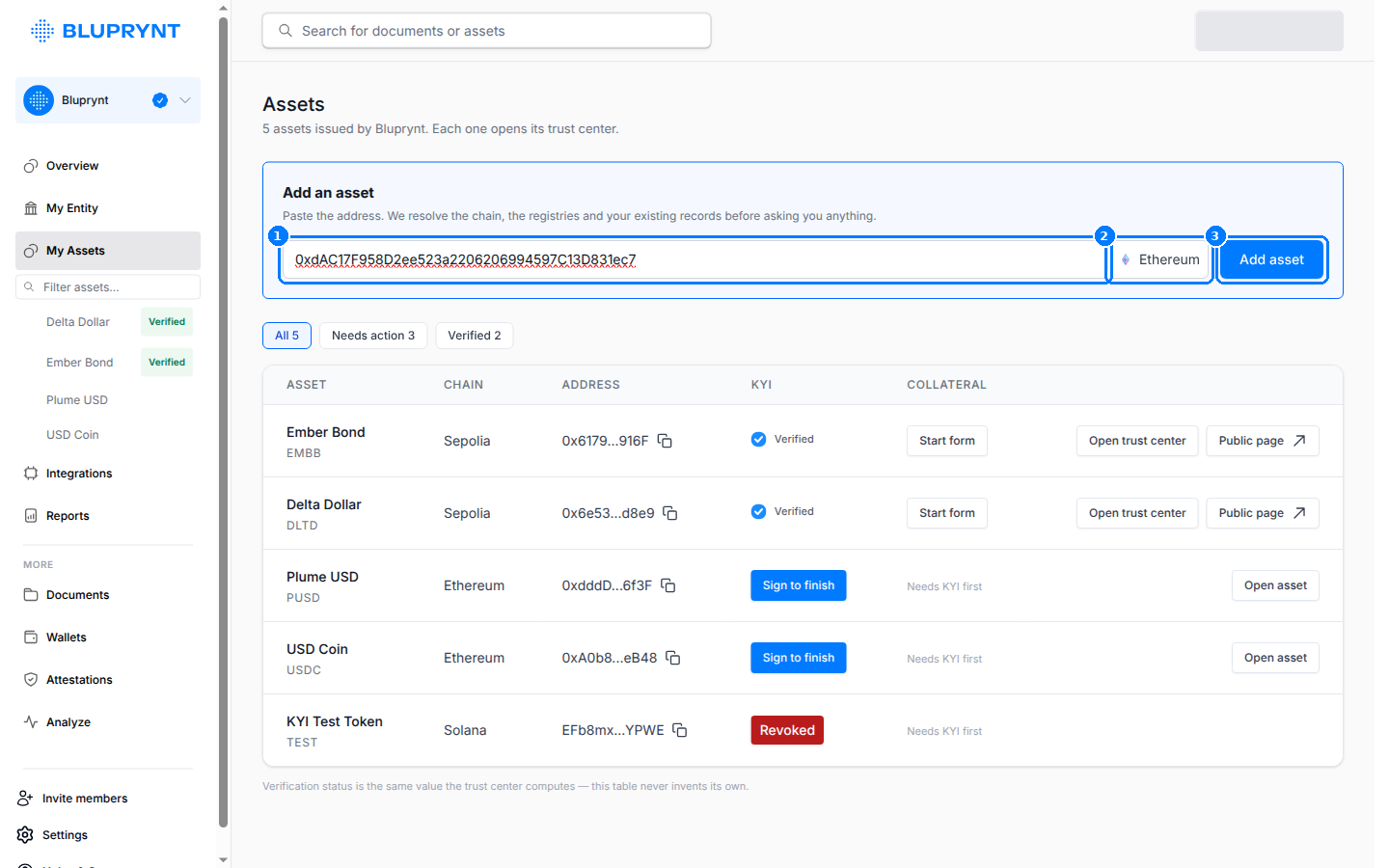 Add an asset field with an Ethereum address pasted, Ethereum detected, and an Add asset button.