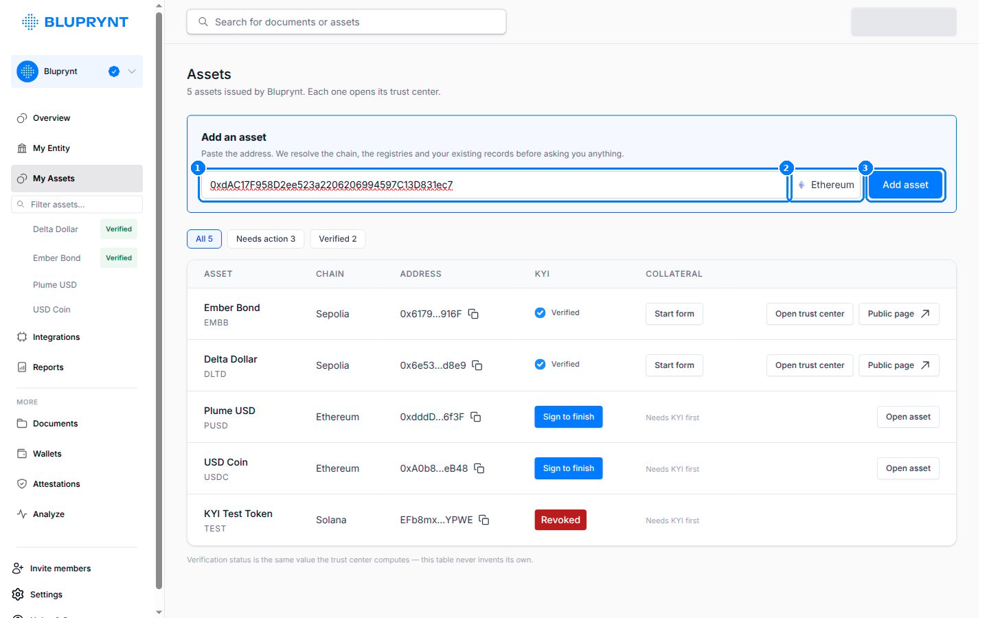 Add an asset field with an Ethereum address pasted, Ethereum detected, and an Add asset button.