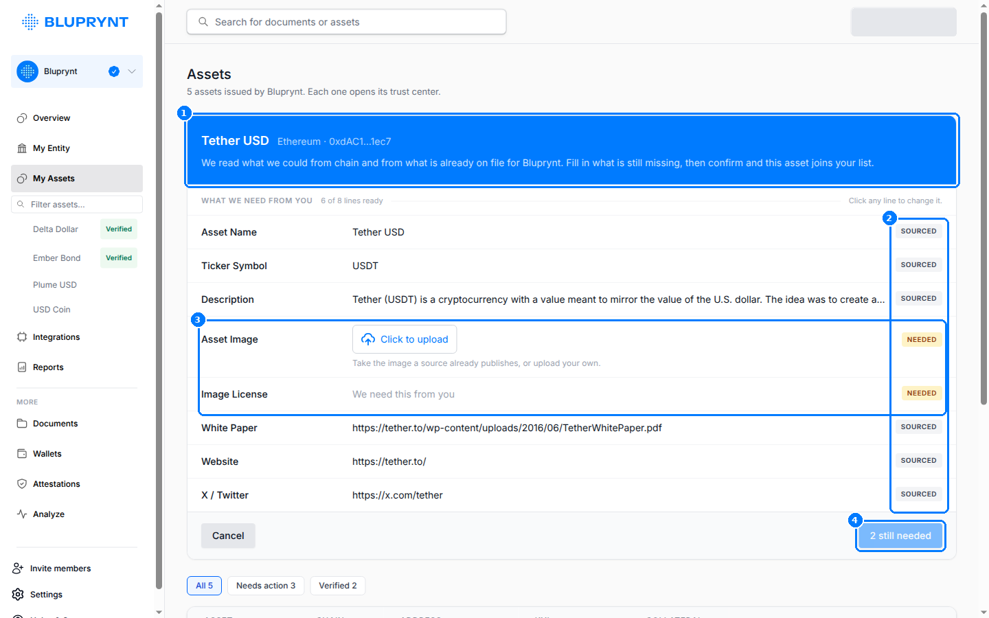Asset details form with sourced and needed rows and a 2 still needed button.