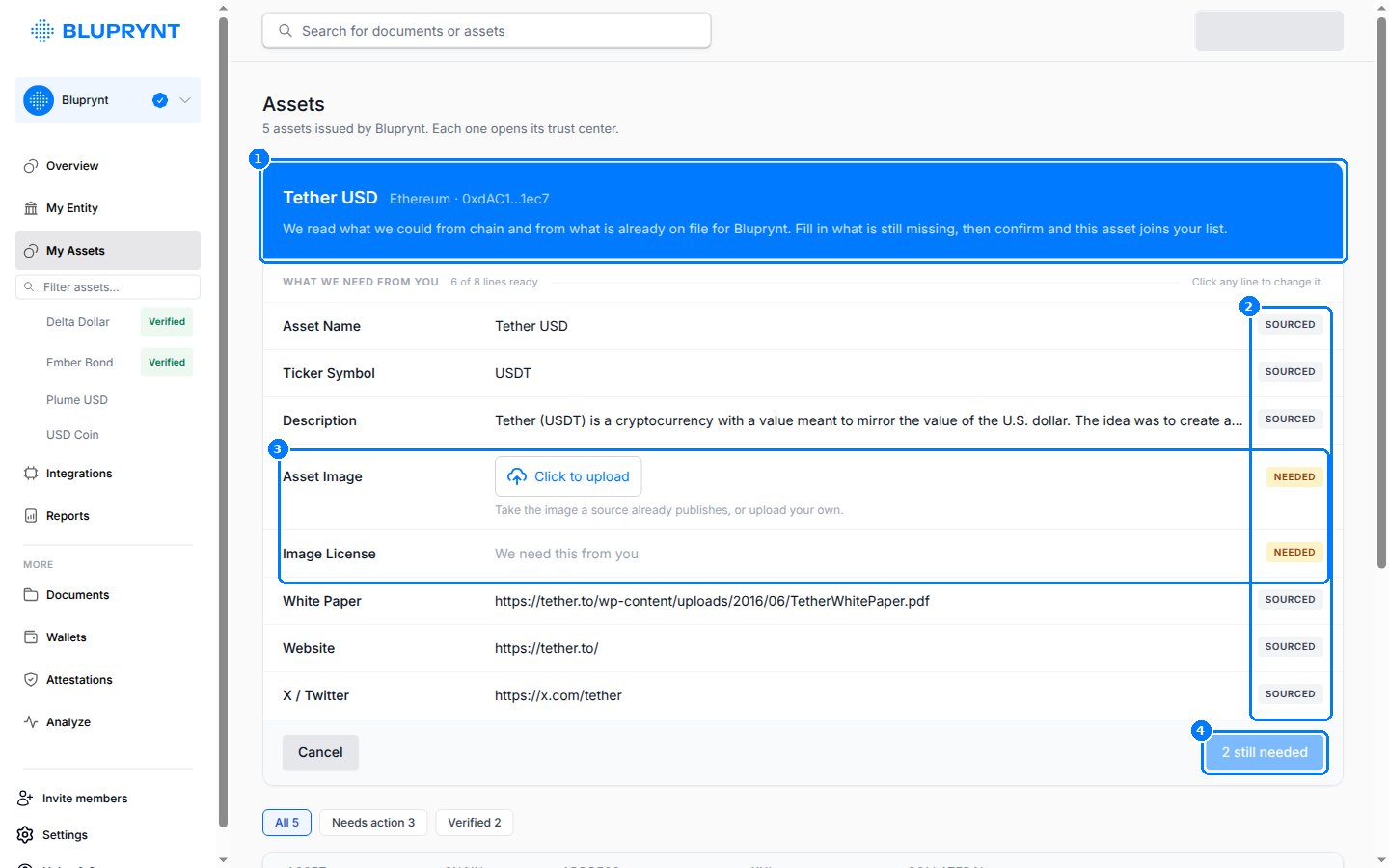 Asset details form with sourced and needed rows and a 2 still needed button.