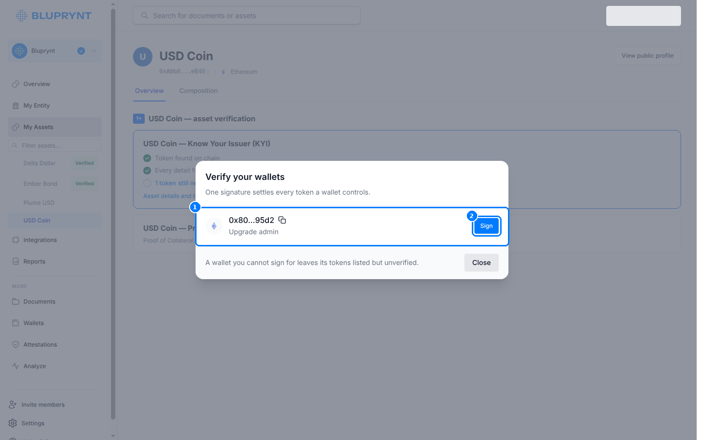 Verify your wallets dialog listing an upgrade admin wallet with a Sign button.