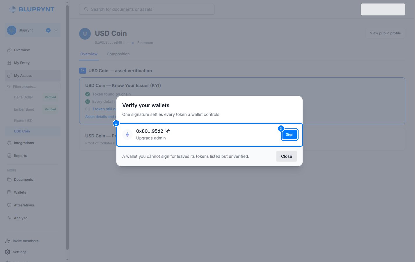 Verify your wallets dialog listing an upgrade admin wallet with a Sign button.